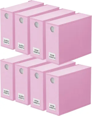 SpaceAid 8 Pack Bed Sheet Organizers and Storage, Foldable Organizer for Linen Closet, Set Folder Keeper with Window XL (Queen & King Size) Bedding Container (Pink, 8 Pack)