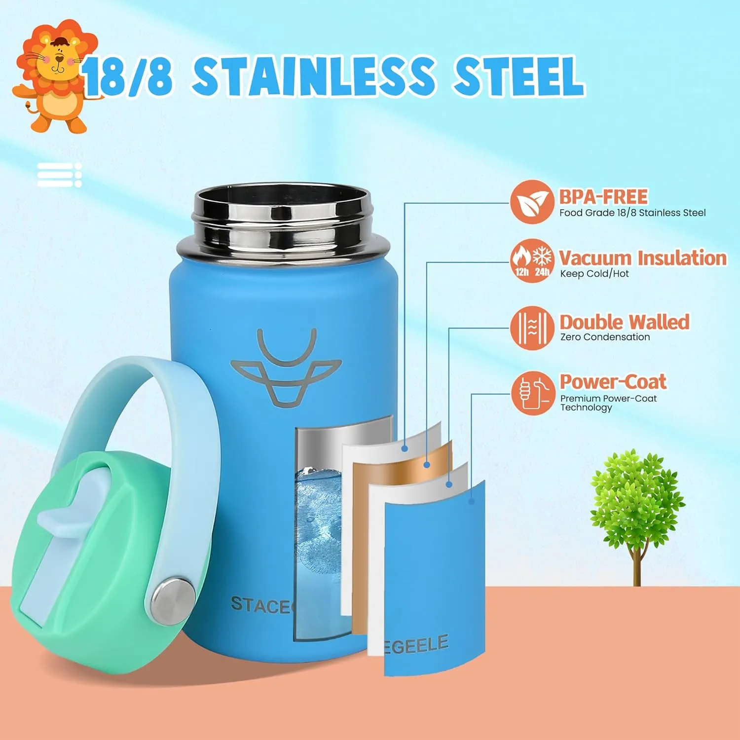 STACEGEELE Kids Stainless Steel Water Bottle with Straw Kids Insulated Water Bottle for School Kids Metal Water Bottles for Boys Girls Double Wall Vacuum Leak Proof BPA Free(2 Pack, Coral)
