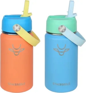 STACEGEELE Kids Stainless Steel Water Bottle with Straw Kids Insulated Water Bottle for School Kids Metal Water Bottles for Boys Girls Double Wall Vacuum Leak Proof BPA Free(2 Pack, Coral)