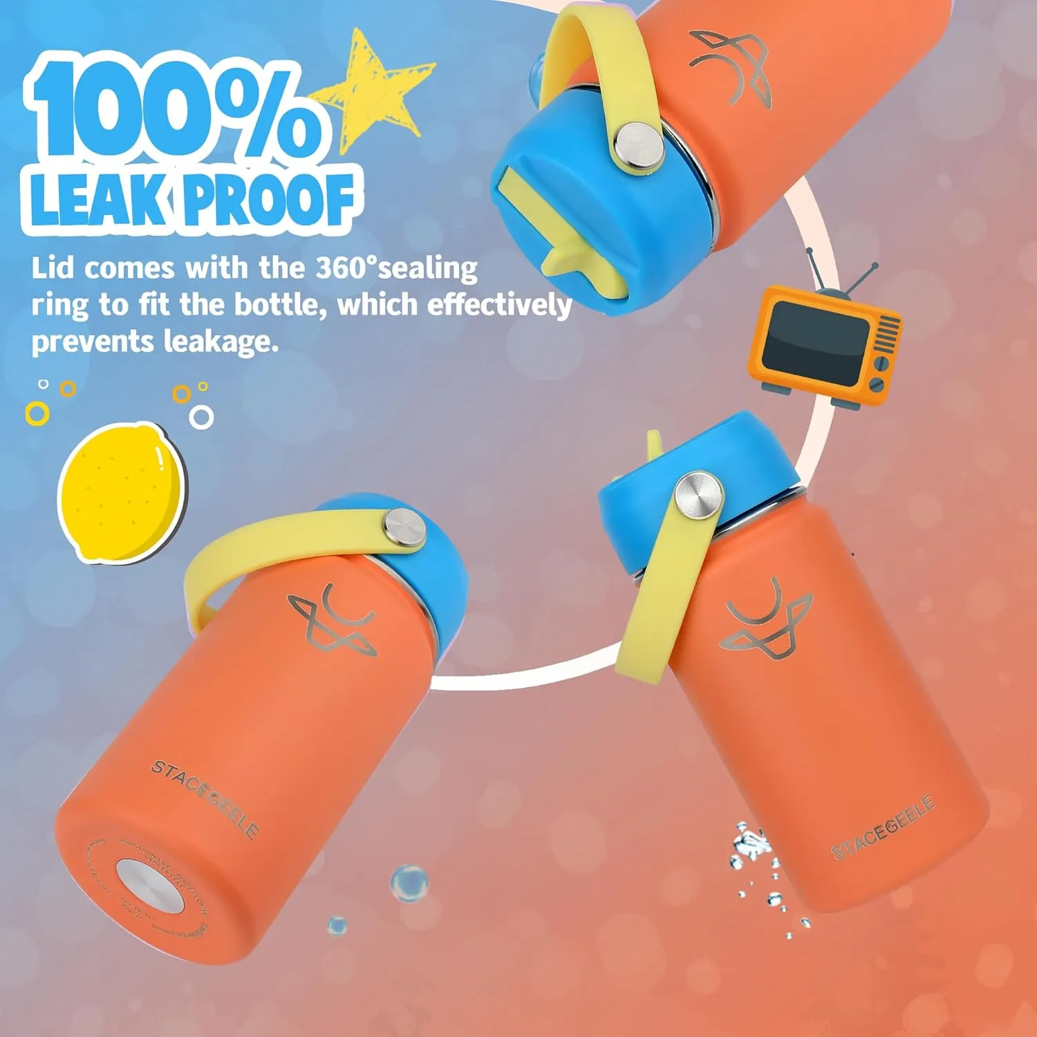 STACEGEELE Kids Stainless Steel Water Bottle with Straw Kids Insulated Water Bottle for School Kids Metal Water Bottles for Boys Girls Double Wall Vacuum Leak Proof BPA Free(2 Pack, Coral)