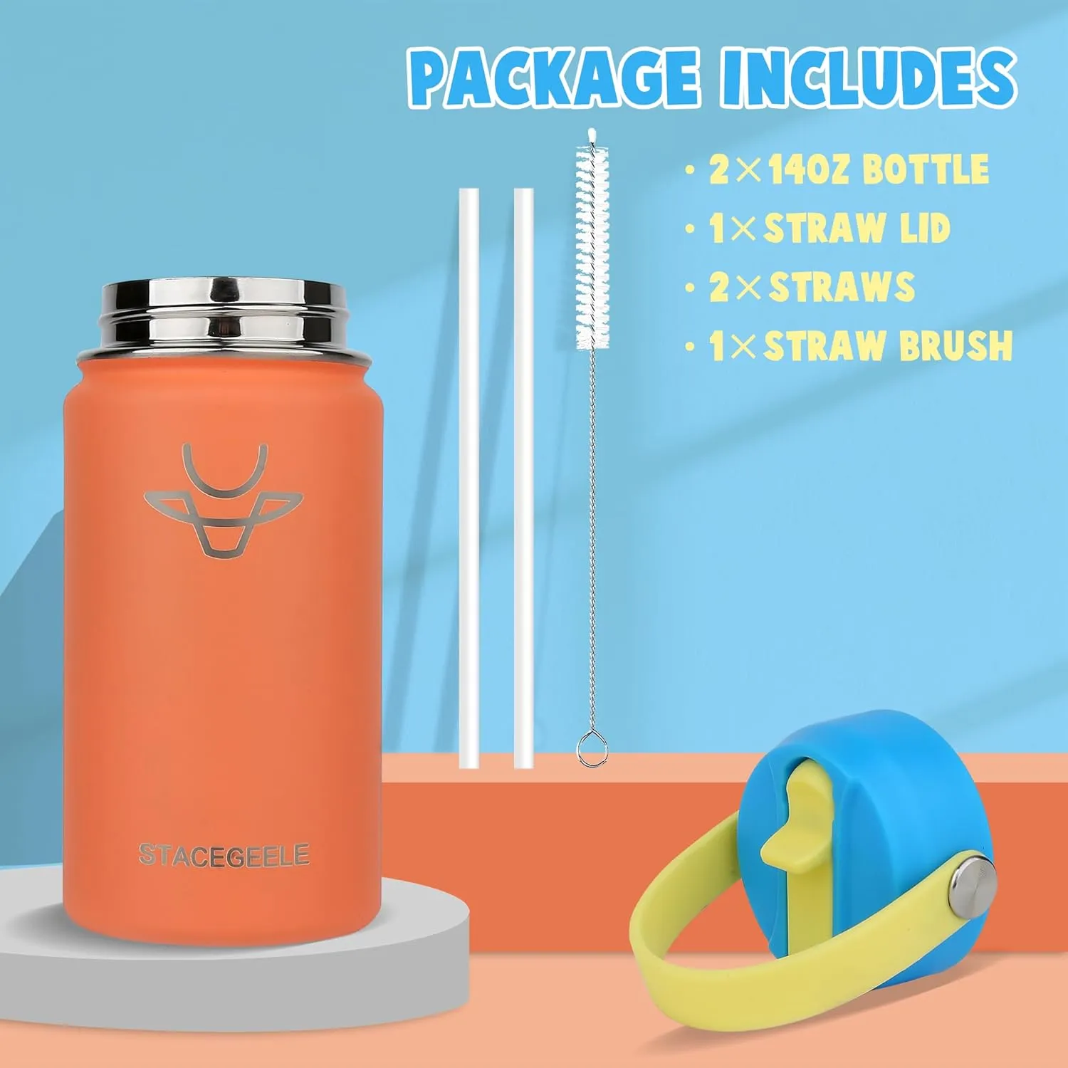 STACEGEELE Kids Stainless Steel Water Bottle with Straw Kids Insulated Water Bottle for School Kids Metal Water Bottles for Boys Girls Double Wall Vacuum Leak Proof BPA Free(2 Pack, Coral)