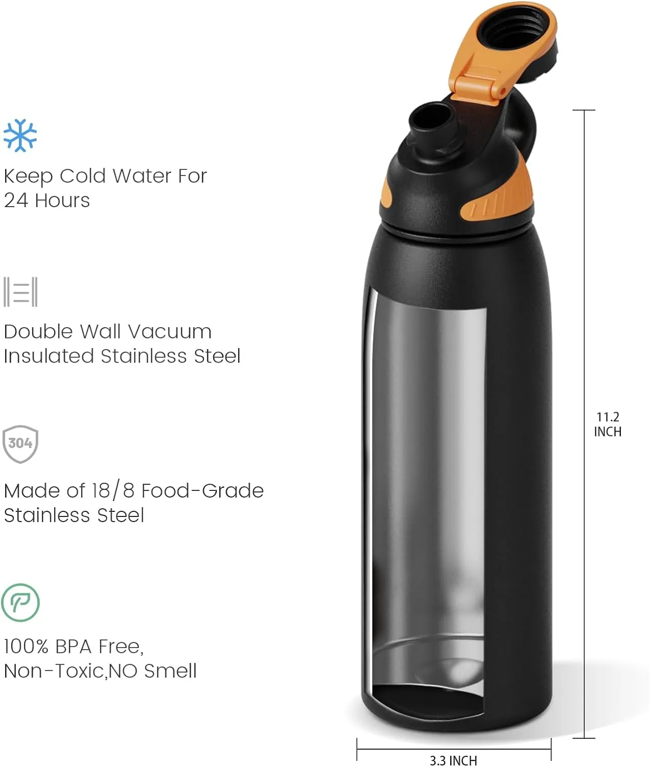 Stainless Steel Insulated Sports Water Bottle 32oz, BPA-Free, Double-Wall Vacuum, Magnetic Cap, No Straw, Cup Brush Included - Ideal Thermos for School, Fitness, and Outdoor Activities