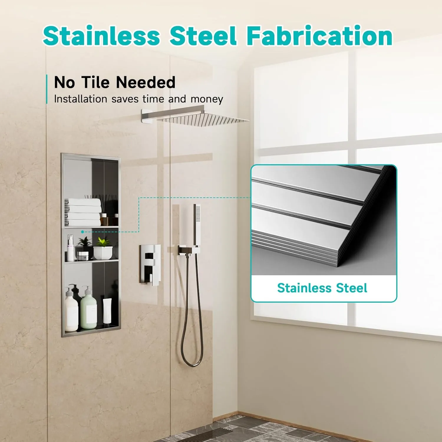 Stainless Steel Shower Niche 12" x 30" – Recessed Wall Niche with 3-Tier Storage, Waterproof & Rustproof Modern Bathroom Shower Shelf (Brushed Nickel)