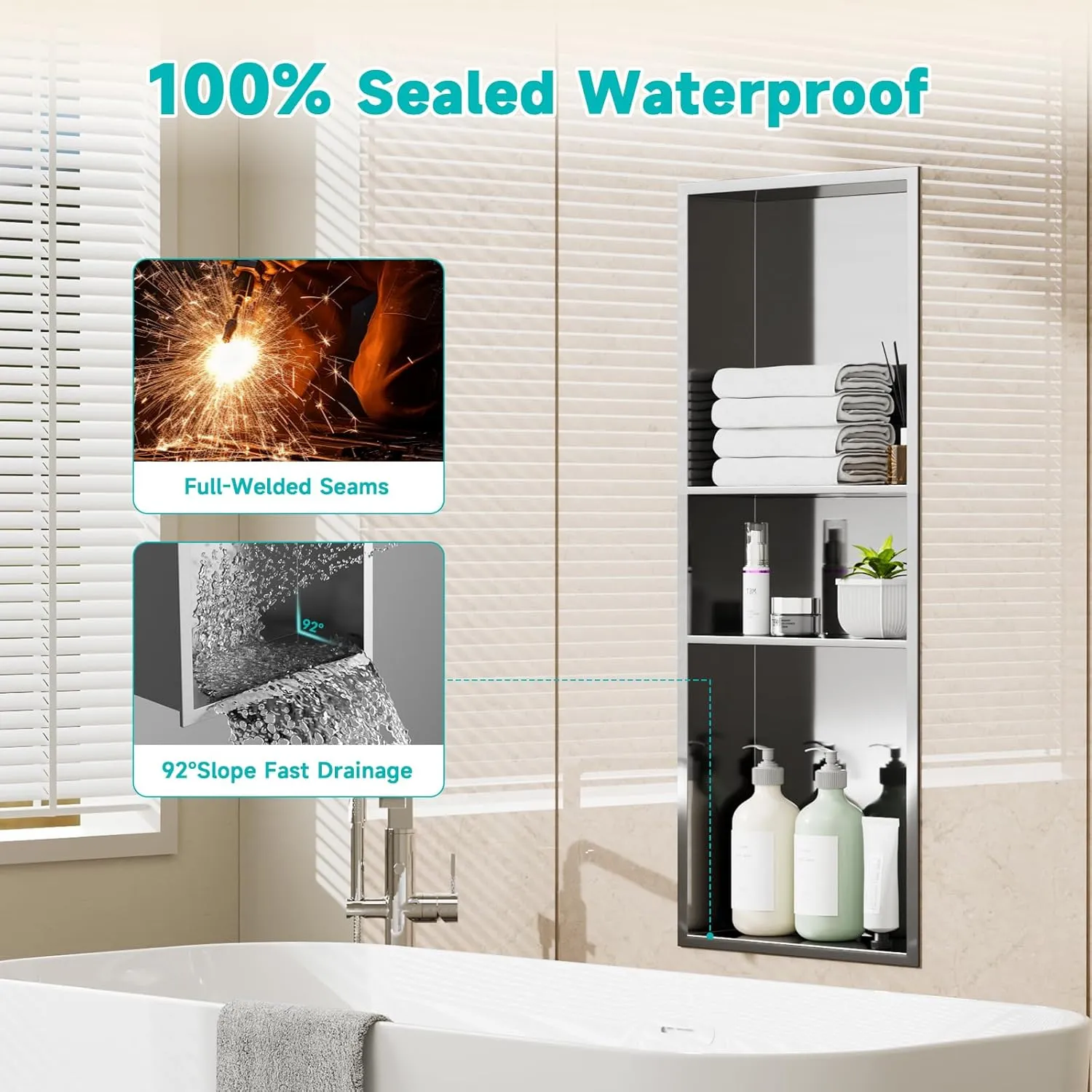 Stainless Steel Shower Niche 12" x 30" – Recessed Wall Niche with 3-Tier Storage, Waterproof & Rustproof Modern Bathroom Shower Shelf (Brushed Nickel)
