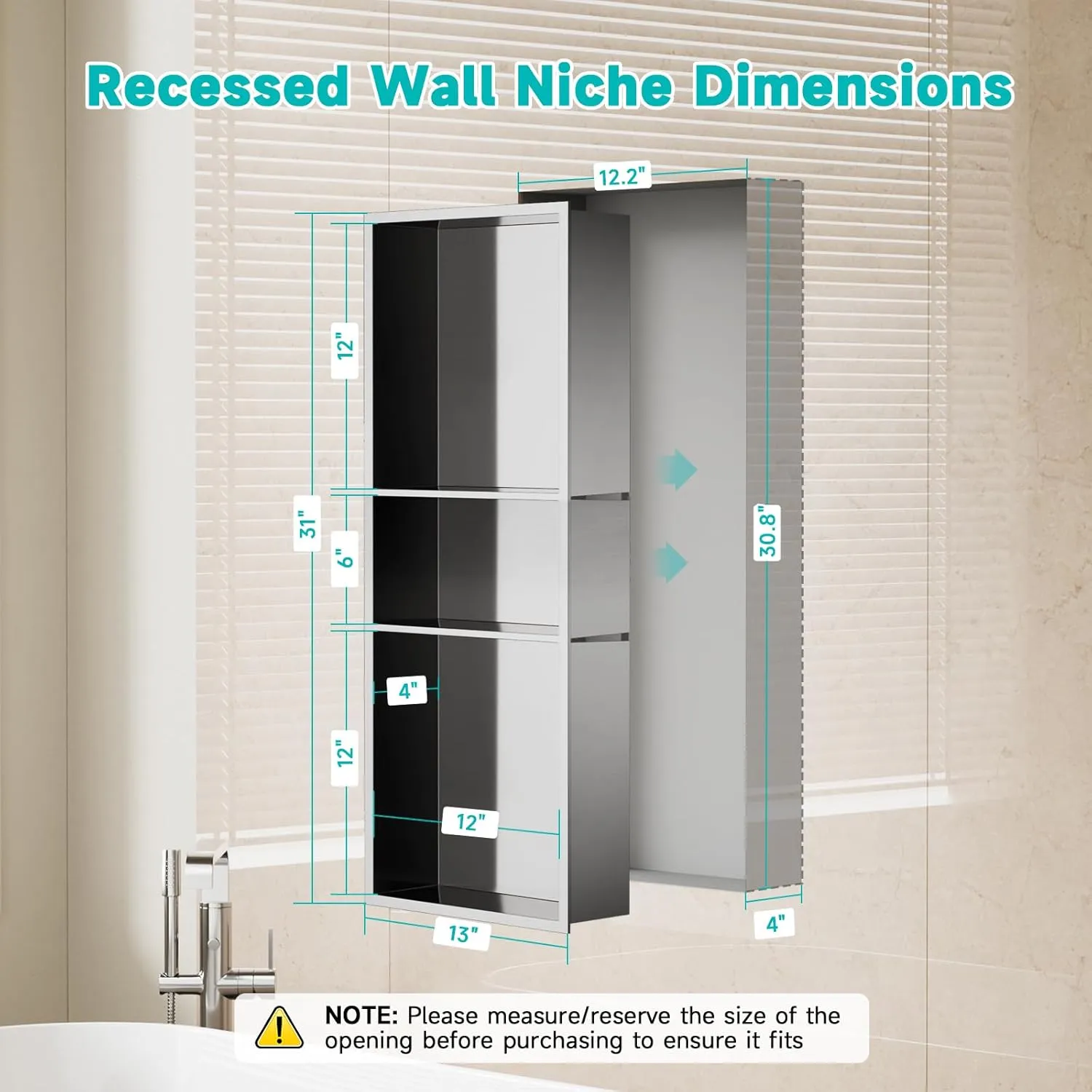 Stainless Steel Shower Niche 12" x 30" – Recessed Wall Niche with 3-Tier Storage, Waterproof & Rustproof Modern Bathroom Shower Shelf (Brushed Nickel)