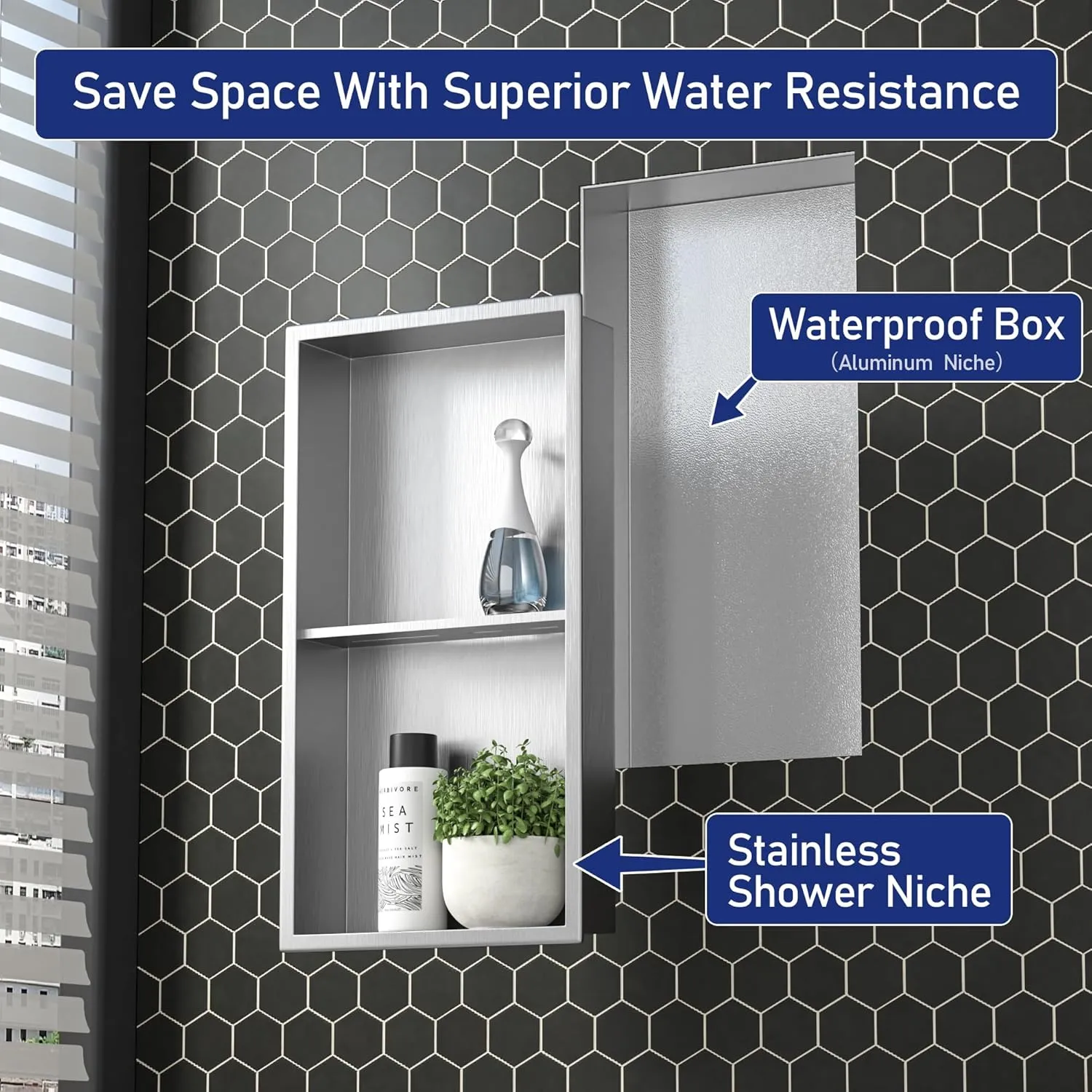 Stainless Steel Shower Niche Brushed with Shelf 24" X 12" No Tile Need Niche Shower for Bathroom Wall Storage with Aluminum Waterpoof Box