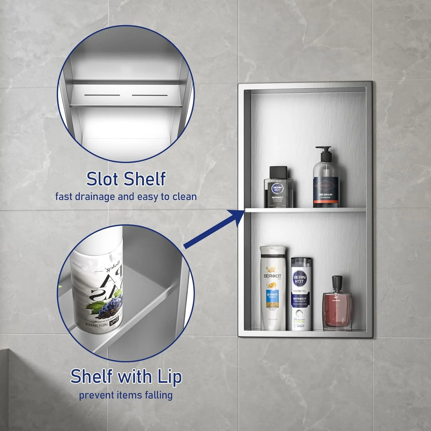 Stainless Steel Shower Niche Brushed with Shelf 24" X 12" No Tile Need Niche Shower for Bathroom Wall Storage with Aluminum Waterpoof Box