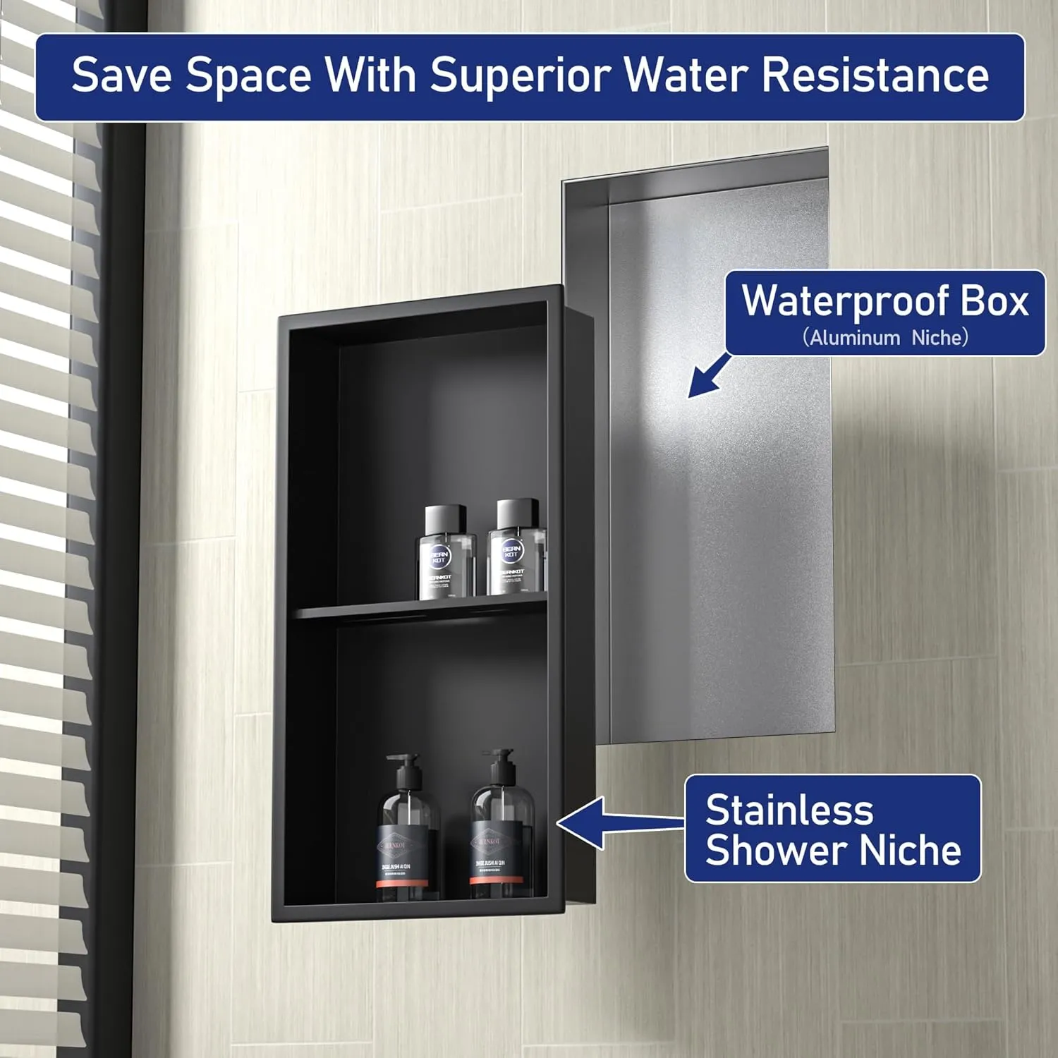 Stainless Steel Shower Niche Matte Black with Shelf 24" X 12" No Tile Need Niche Shower for Bathroom Wall Storage with Aluminum Waterpoof Box