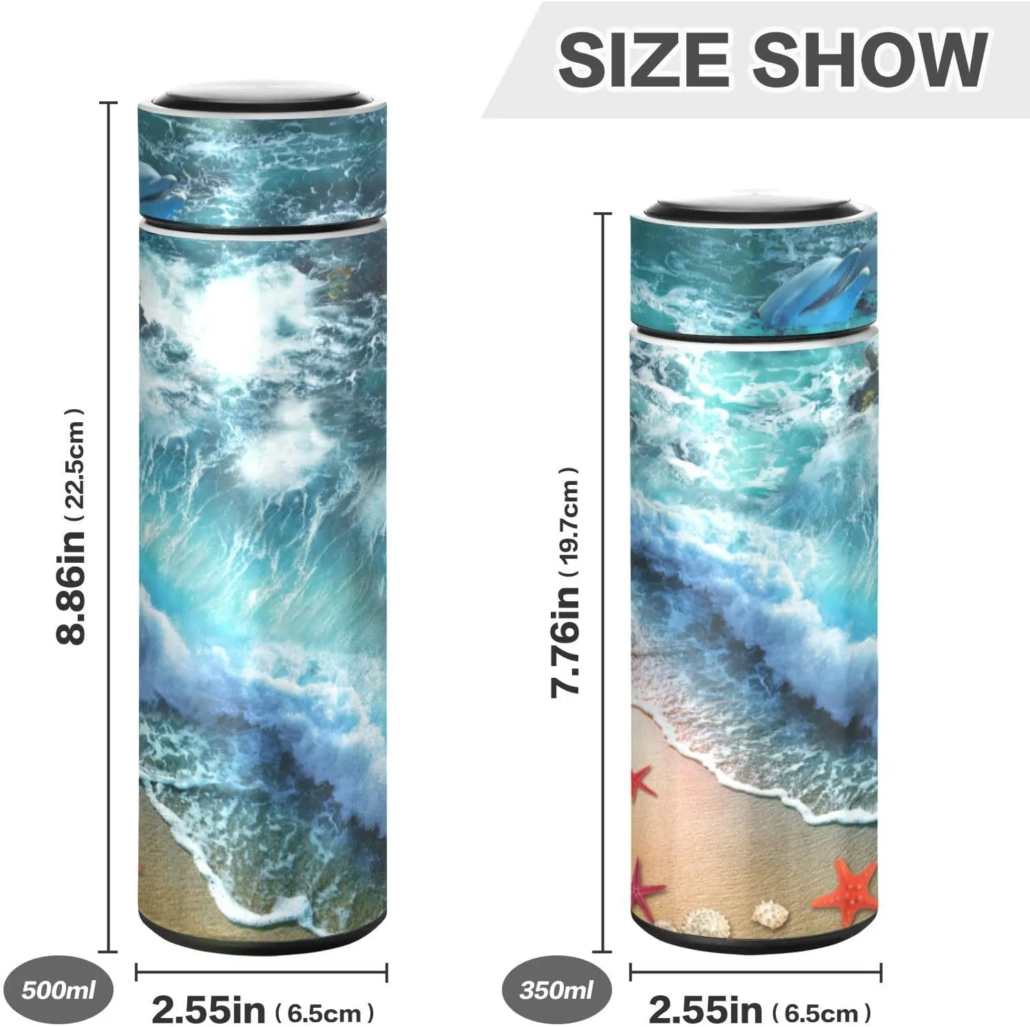 Starfish on the Summer Beach Sand with Blue Ocean Water Waves Dolphin Tumbler with Lid, BPA-Free Vacuum Insulated Thermal Coffee Mug,Stainless Steel Double Wall Travel Cup Water Bottle 11.8 oz