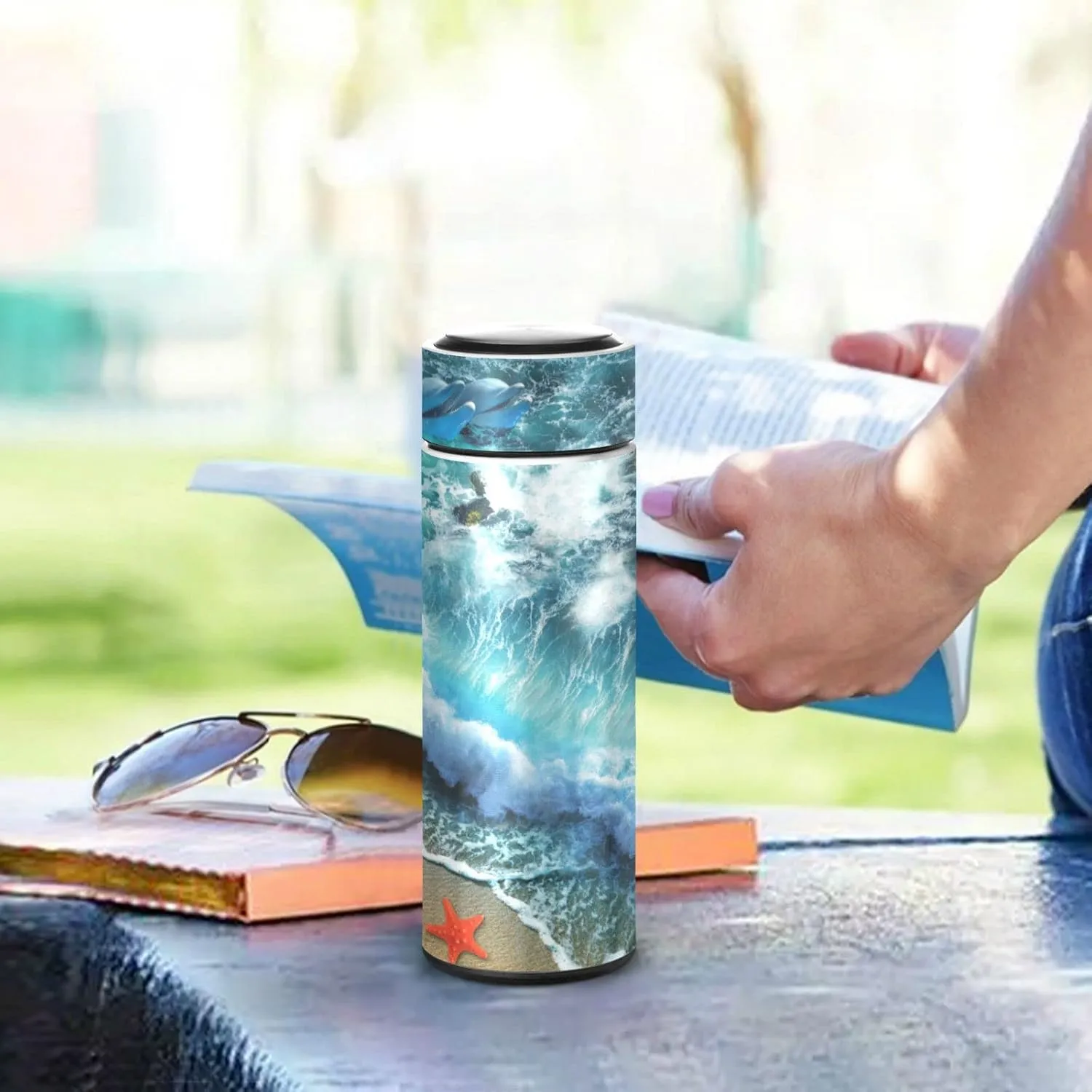 Starfish on the Summer Beach Sand with Blue Ocean Water Waves Dolphin Tumbler with Lid, BPA-Free Vacuum Insulated Thermal Coffee Mug,Stainless Steel Double Wall Travel Cup Water Bottle 11.8 oz