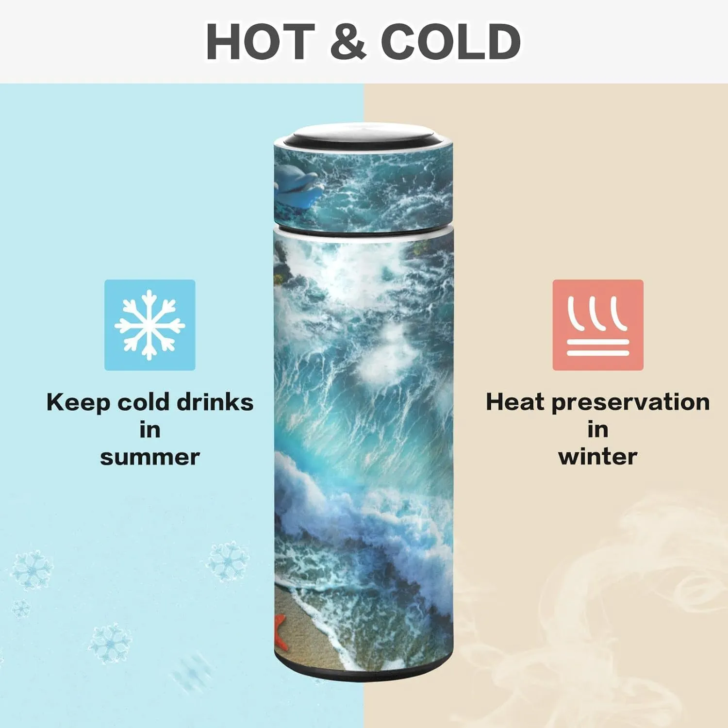 Starfish on the Summer Beach Sand with Blue Ocean Water Waves Dolphin Tumbler with Lid, BPA-Free Vacuum Insulated Thermal Coffee Mug,Stainless Steel Double Wall Travel Cup Water Bottle 11.8 oz