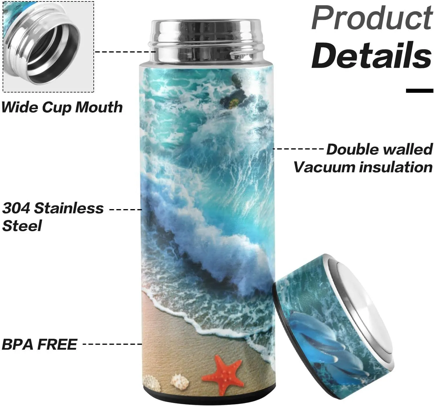 Starfish on the Summer Beach Sand with Blue Ocean Water Waves Dolphin Tumbler with Lid, BPA-Free Vacuum Insulated Thermal Coffee Mug,Stainless Steel Double Wall Travel Cup Water Bottle 11.8 oz
