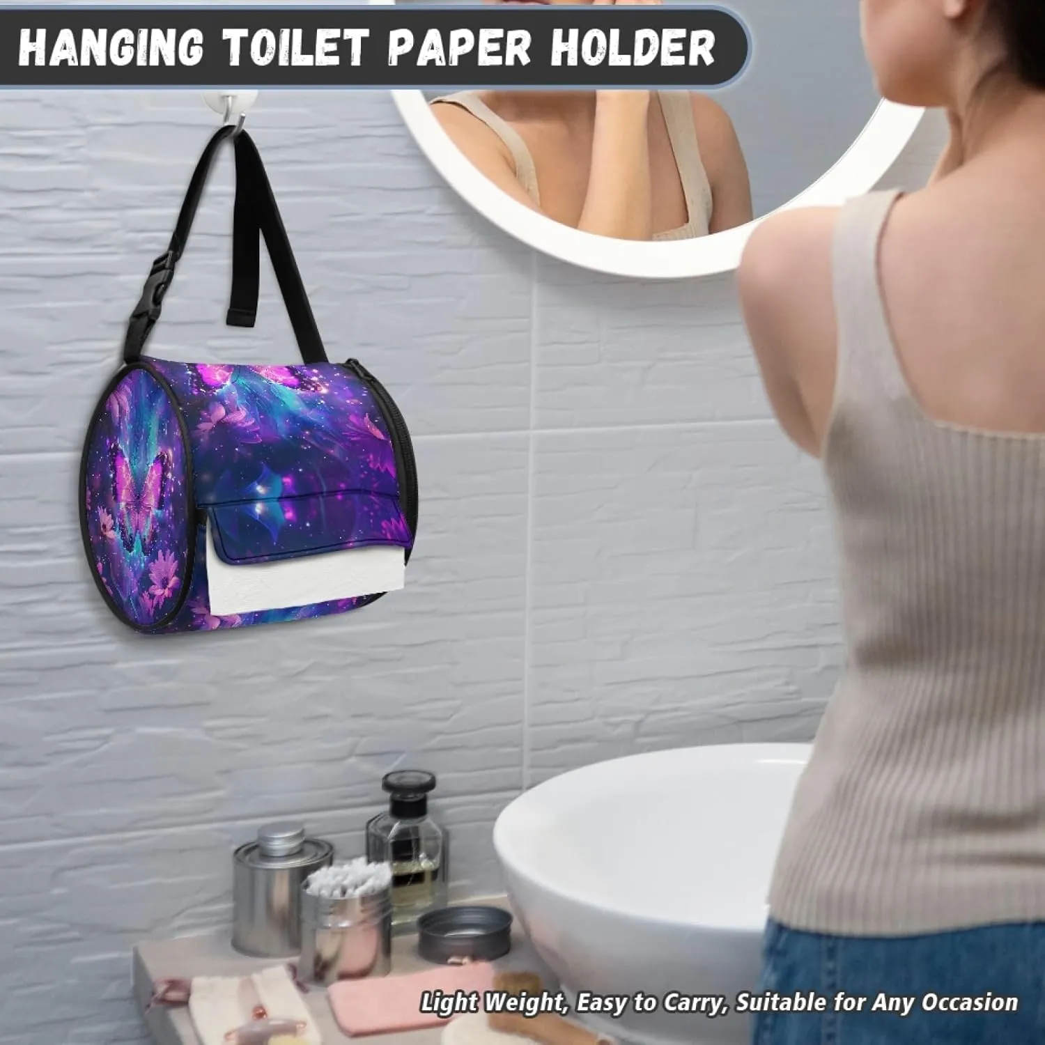 Starry Butterfly Round Paper Towel Storage Bag for Restroom Daisy Print Toilet Paper Holder with Hanging Strap Round Paper Towel Storage Bag for Parlors Roll Tissue Dust Bag