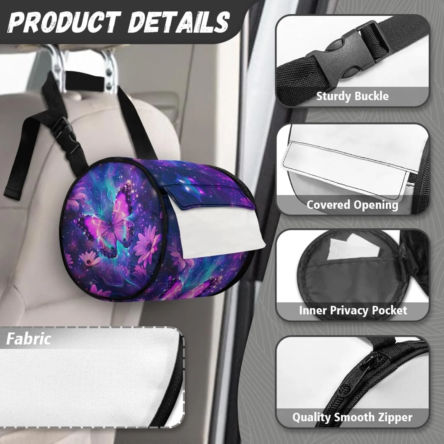 Starry Butterfly Round Paper Towel Storage Bag for Restroom Daisy Print Toilet Paper Holder with Hanging Strap Round Paper Towel Storage Bag for Parlors Roll Tissue Dust Bag