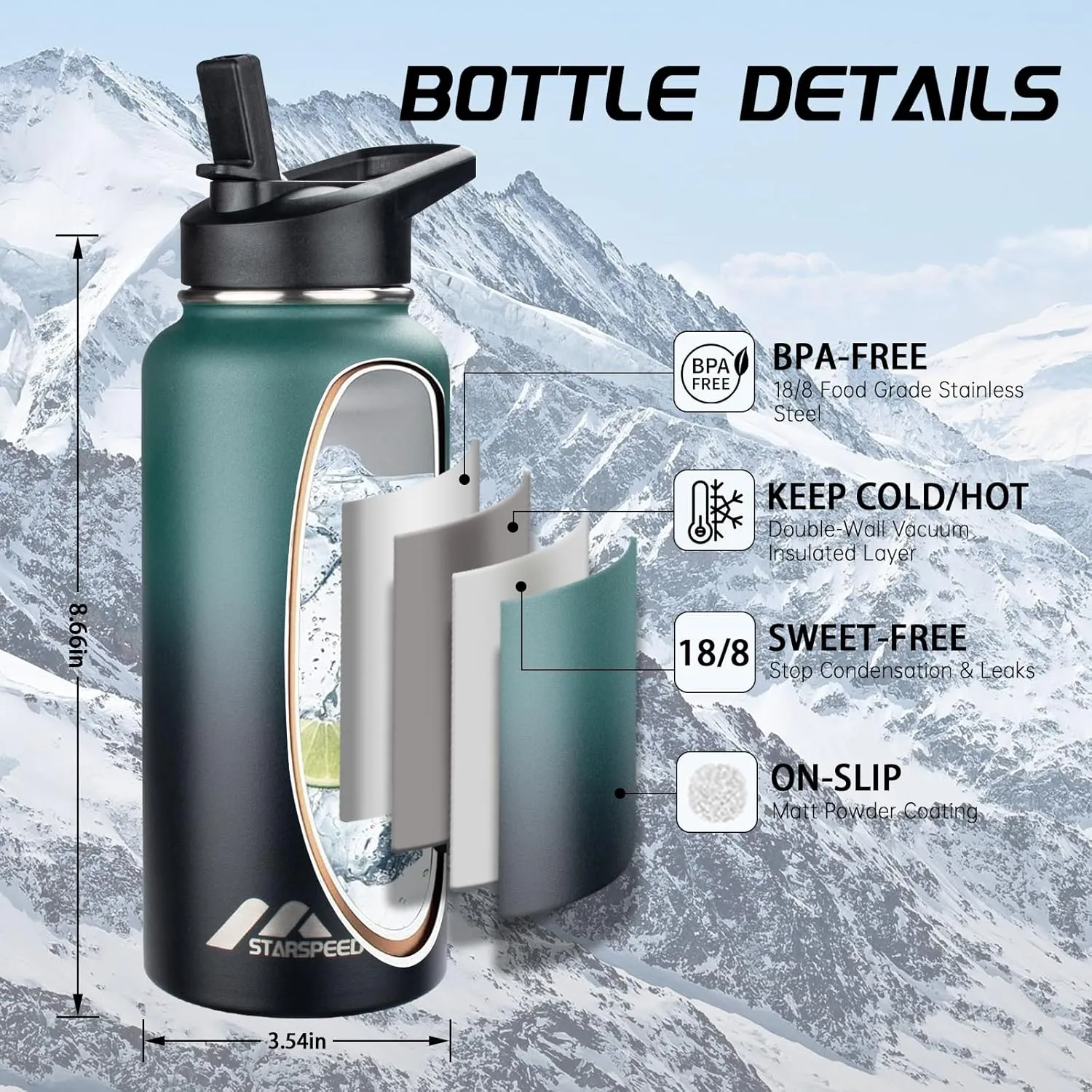 StarSpeed 32oz Insulated Water Bottle with Straws & 2 Lids, Stainless Steel Double Walled Vacuum Water Flask, Wide Mouth Sports Water Bottle for Gym Camping Hiking, Indigo Crush