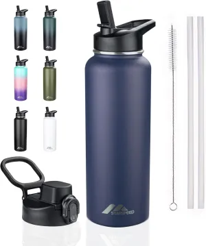 StarSpeed 40oz Insulated Water Bottle with Straws & 2 Lids, Stainless Steel Double Walled Vacuum Water Flask, Wide Mouth Sports Water Bottle for Gym Camping Hiking, Navy Blue