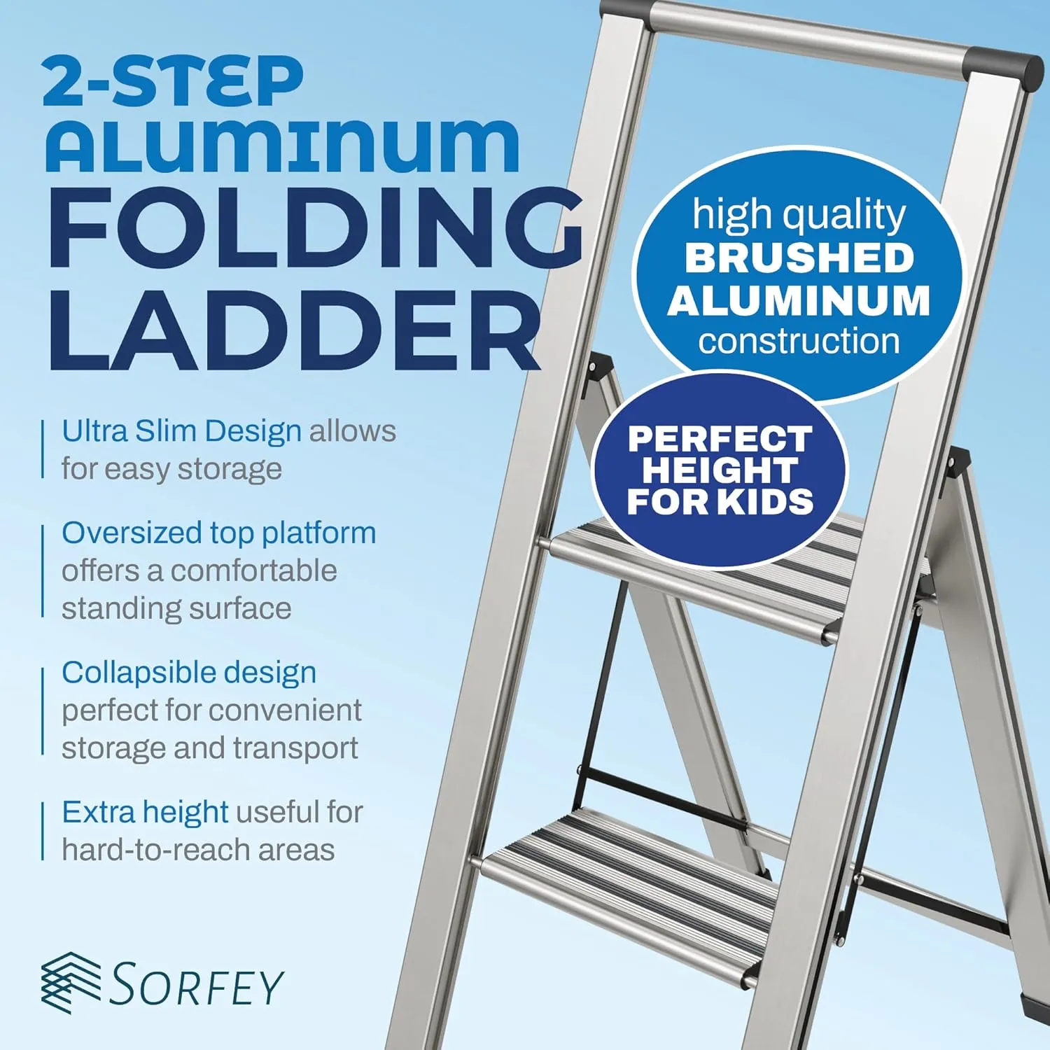 Step Ladder 2 Step Folding, Decorative - Modern Beautiful Aluminum, Ultra Slim Profile, Anti Slip Steps, Sturdy-Portable for Home, Office, Kitchen, Photography Use,by SORFEY