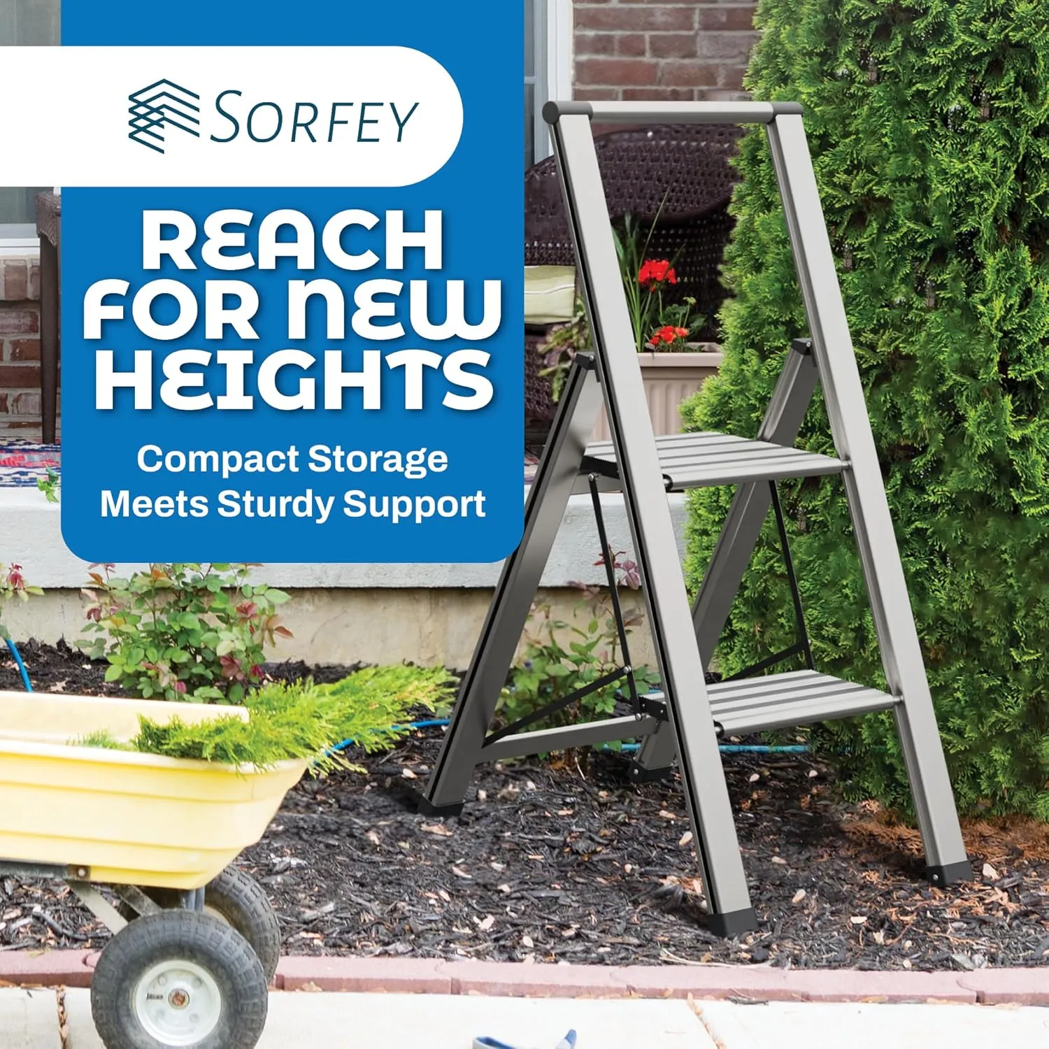 Step Ladder 2 Step Folding, Decorative - Modern Beautiful Aluminum, Ultra Slim Profile, Anti Slip Steps, Sturdy-Portable for Home, Office, Kitchen, Photography Use,by SORFEY