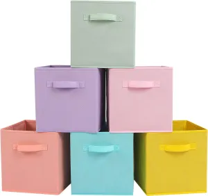 Stero Fabric Storage Bins 6 Pack Fun Colored Durable Storage Cubes with Handles Foldable Cube Baskets for Home, Kids Room, Closet and Toys Organization Cyan, Green, Yellow, Purple, Pink and Peachpuff