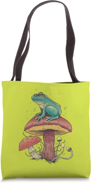 Stoic Frog sitting on Mushroom Design Tote Bag