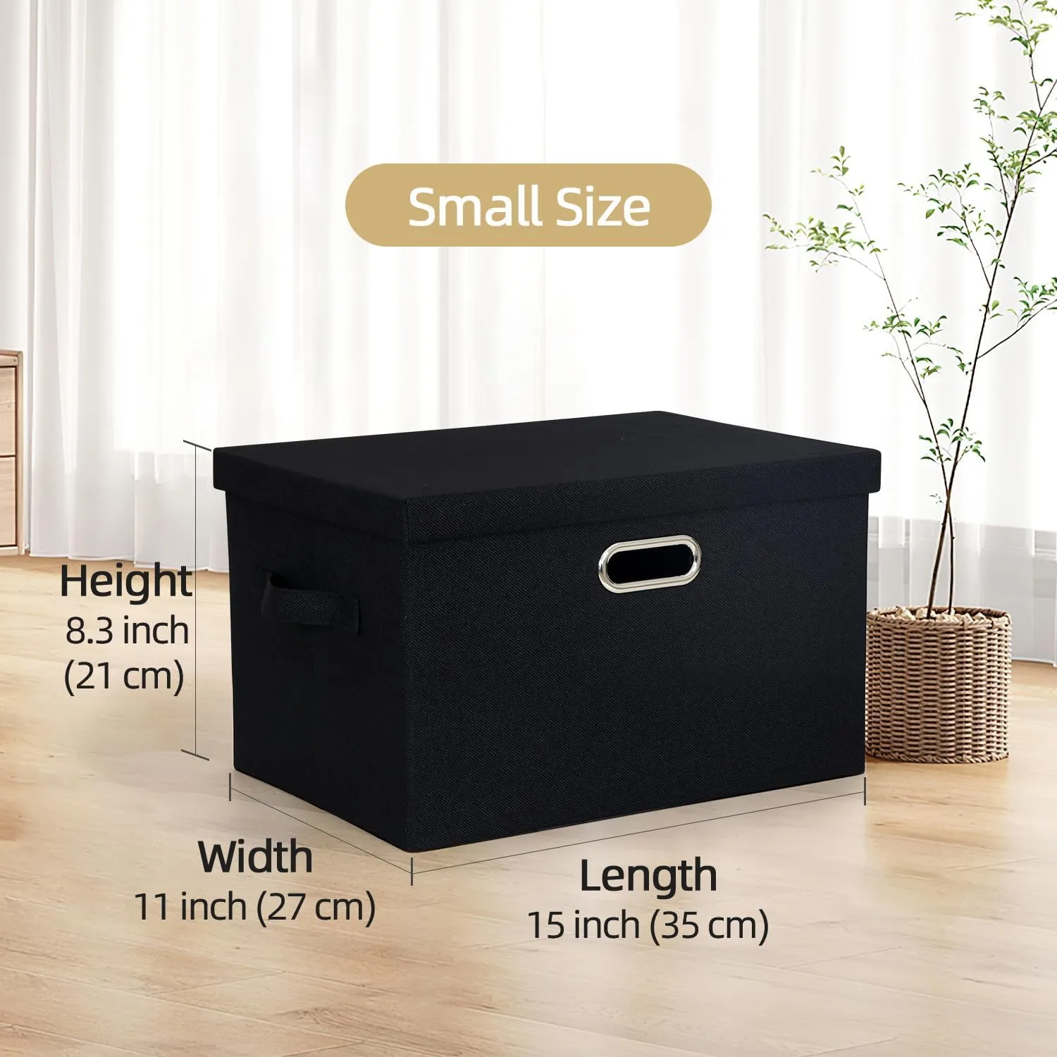 Storage Bins with Lid, Fabric Cube Bins Organizer Basket, Foldable Storage Box Containers with Handles for Closet Shelf Home Office Utility Room, 2-Pack (Small Size: 15x11x8.3 Inch, Black)