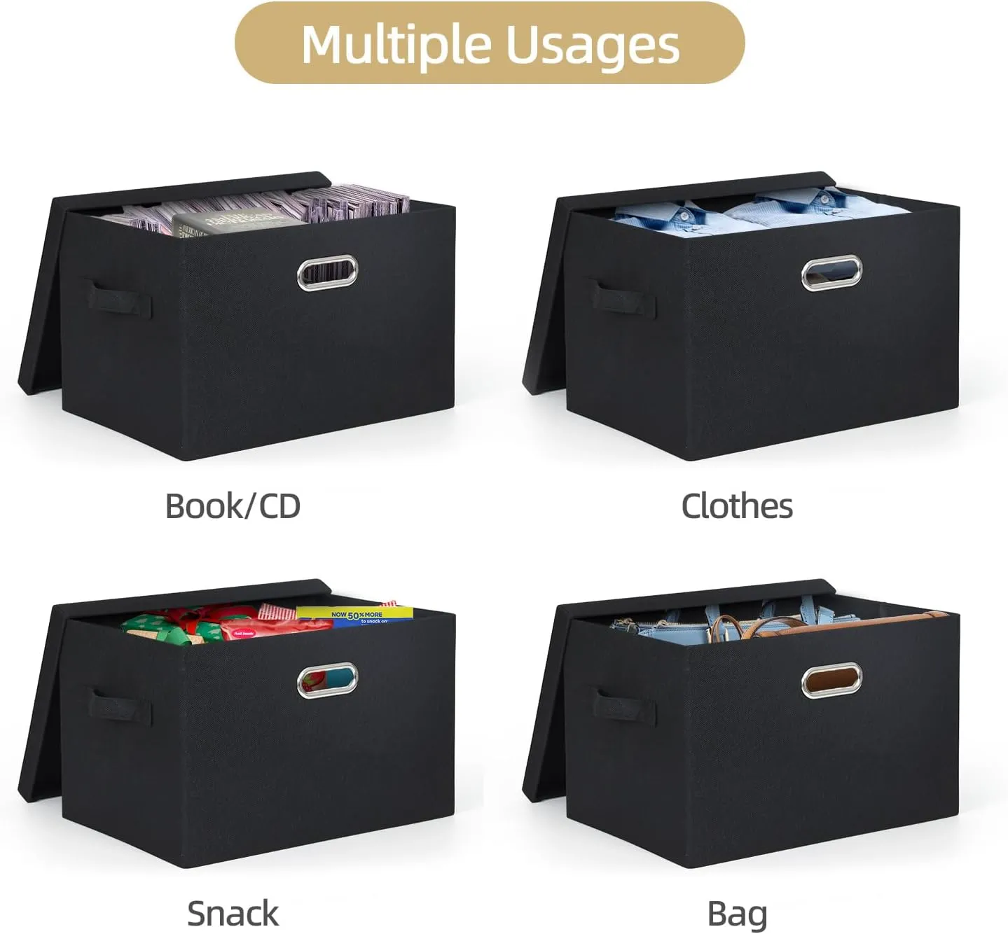 Storage Bins with Lid, Fabric Cube Bins Organizer Basket, Foldable Storage Box Containers with Handles for Closet Shelf Home Office Utility Room, 2-Pack (Small Size: 15x11x8.3 Inch, Black)