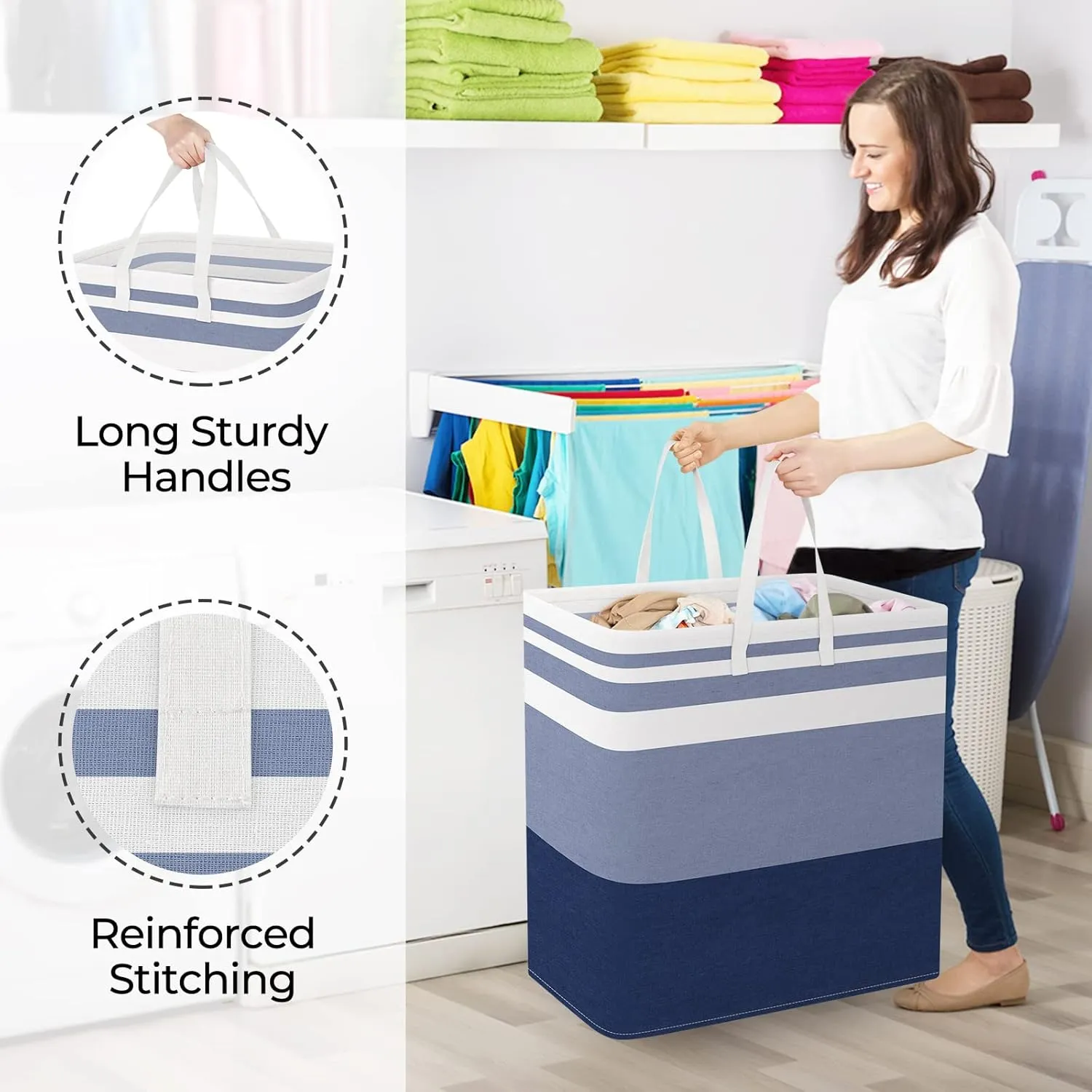 StorageRight Laundry Basket Hamper Large Collapsible Laundry Hamper with Easy Carry Handles，Freestanding Clothes Hampers for Laundry, Bedroom, Dorm, Clothes, Towels, 100L, Gradient Blue