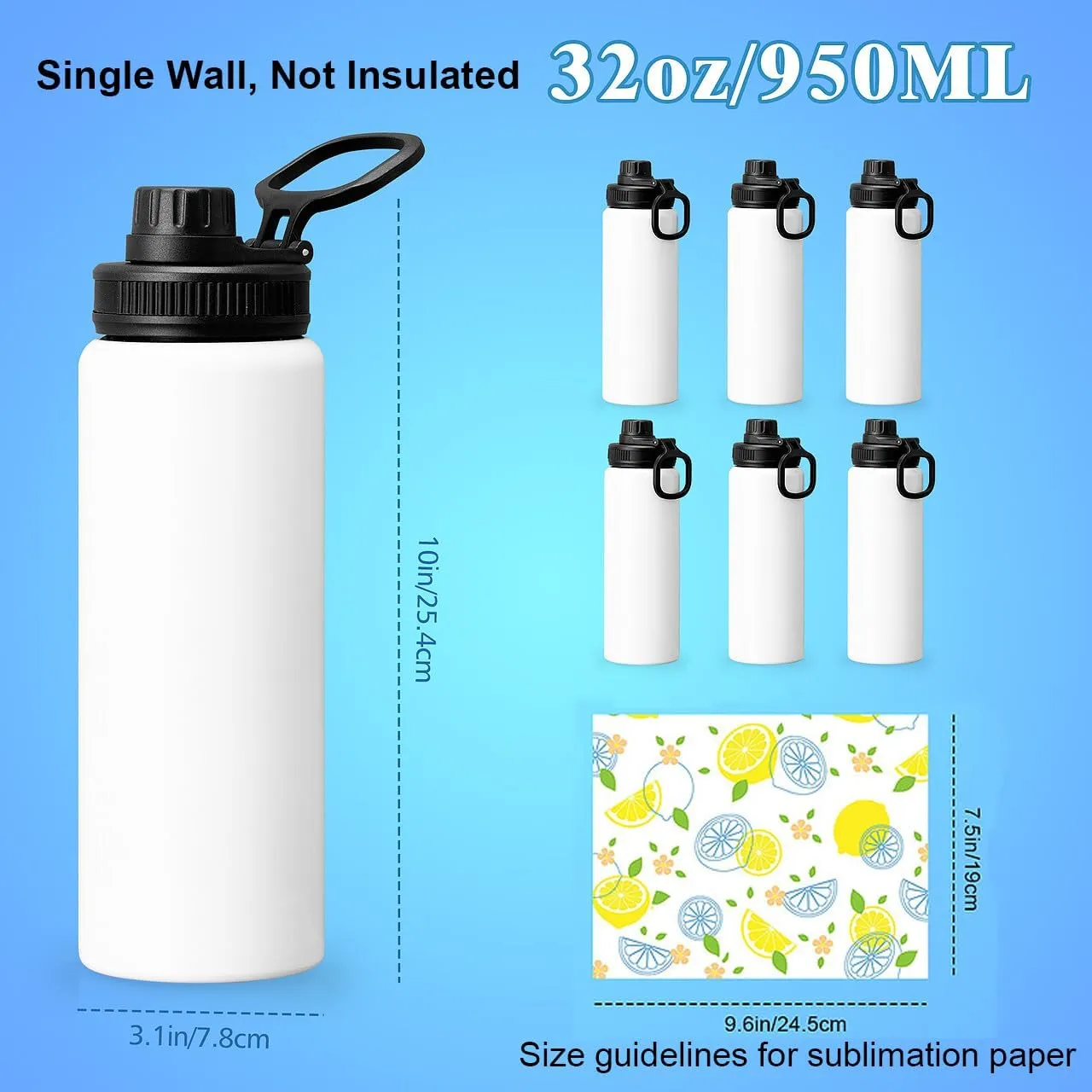 Sublimation Water Bottle Blanks with Handle & Spout Lid 6 Pack, 32oz Personalized Water Bottles Bulk, Stainless Steel, Leak Proof & Lightweight DIY Gift for Sports Travel Gym Women Men, White