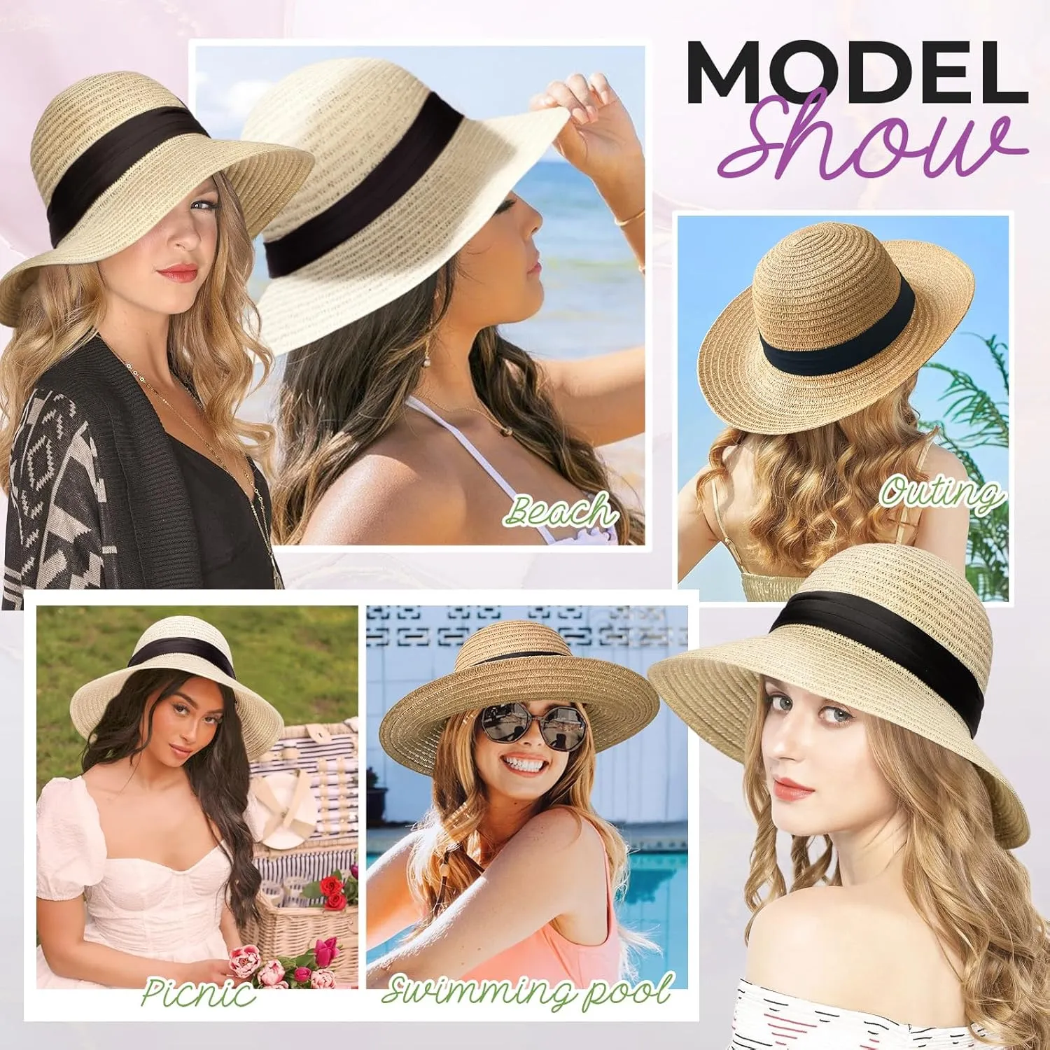 Sun Hat, Straw Hat Wig Detachable Adjustable Cap with 12 Inch Synthetic Wavy Hair Extensions Foldable for Women Summer Beach Outdoors Light Brown Mix Ash Blonde