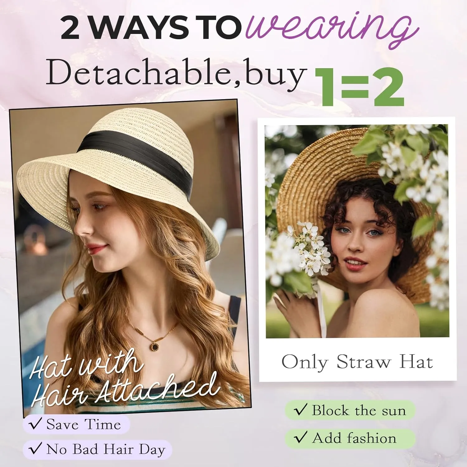 Sun Hat, Straw Hat Wig Detachable Adjustable Cap with 12 Inch Synthetic Wavy Hair Extensions Foldable for Women Summer Beach Outdoors Light Brown Mix Ash Blonde