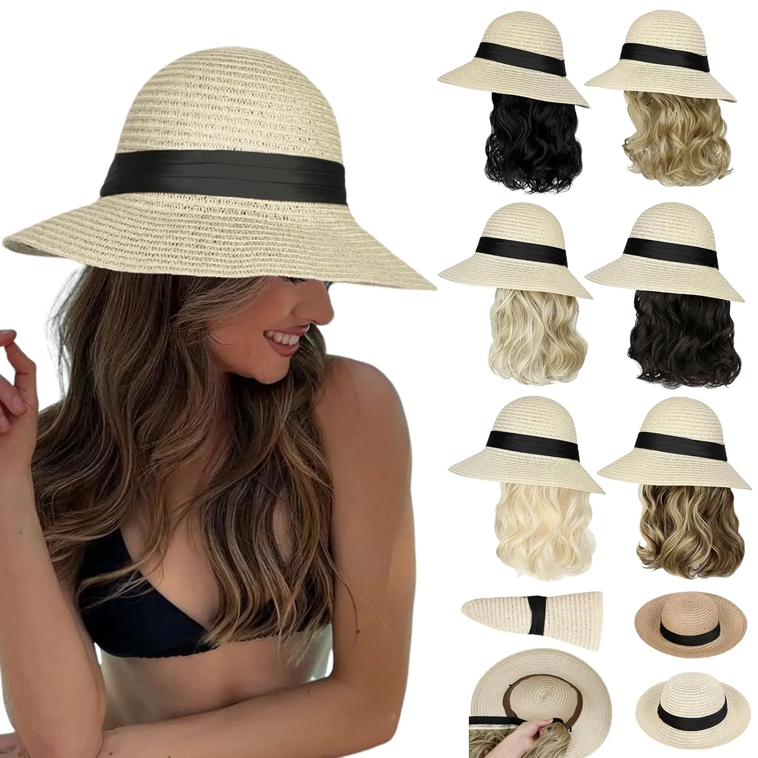 Sun Hat, Straw Hat Wig Detachable Adjustable Cap with 12 Inch Synthetic Wavy Hair Extensions Foldable for Women Summer Beach Outdoors Light Brown Mix Ash Blonde