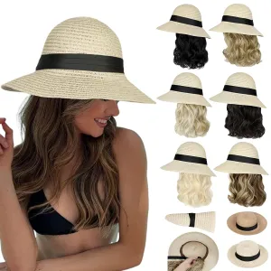 Sun Hat, Straw Hat Wig Detachable Adjustable Cap with 12 Inch Synthetic Wavy Hair Extensions Foldable for Women Summer Beach Outdoors Light Brown Mix Ash Blonde