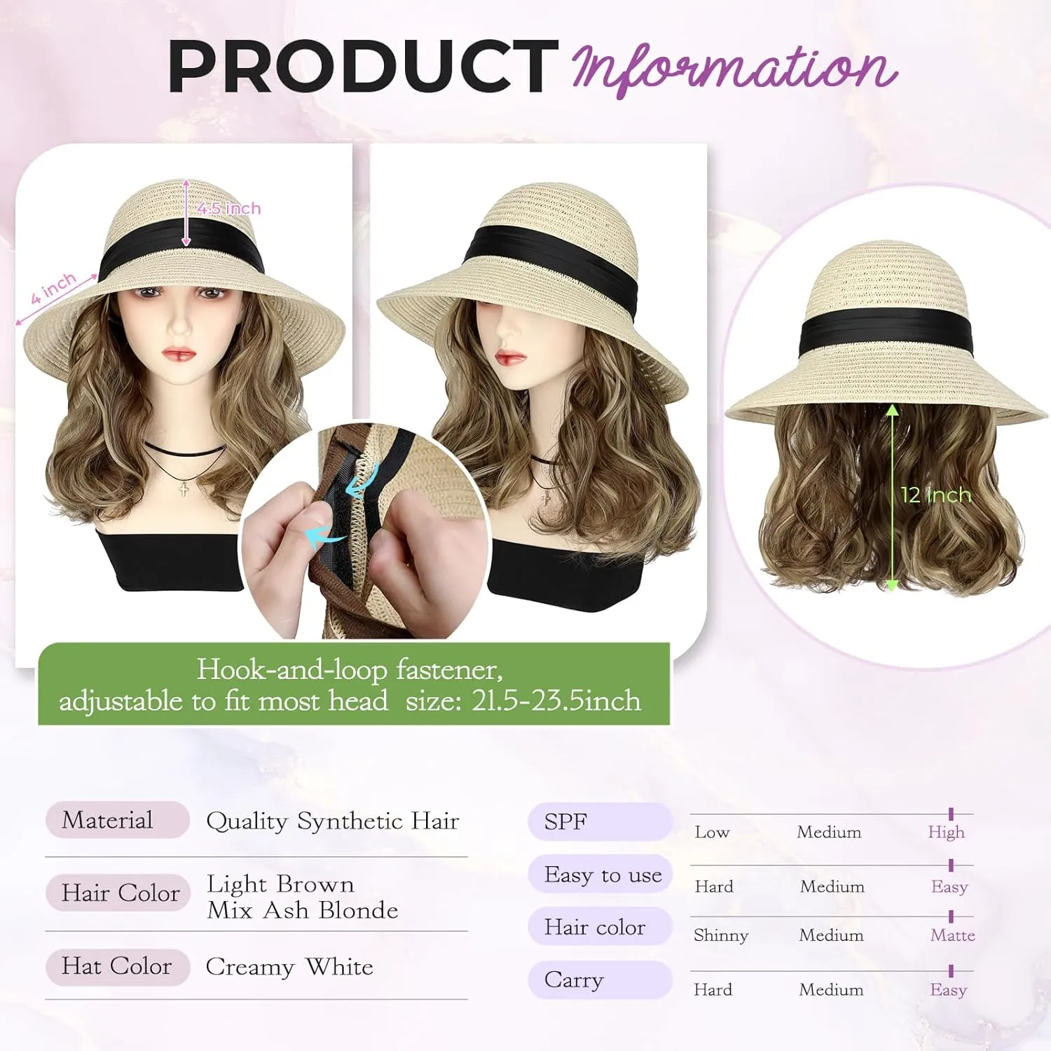Sun Hat, Straw Hat Wig Detachable Adjustable Cap with 12 Inch Synthetic Wavy Hair Extensions Foldable for Women Summer Beach Outdoors Light Brown Mix Ash Blonde