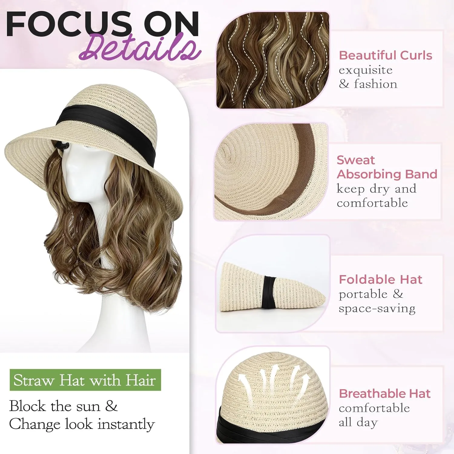 Sun Hat, Straw Hat Wig Detachable Adjustable Cap with 12 Inch Synthetic Wavy Hair Extensions Foldable for Women Summer Beach Outdoors Light Brown Mix Ash Blonde