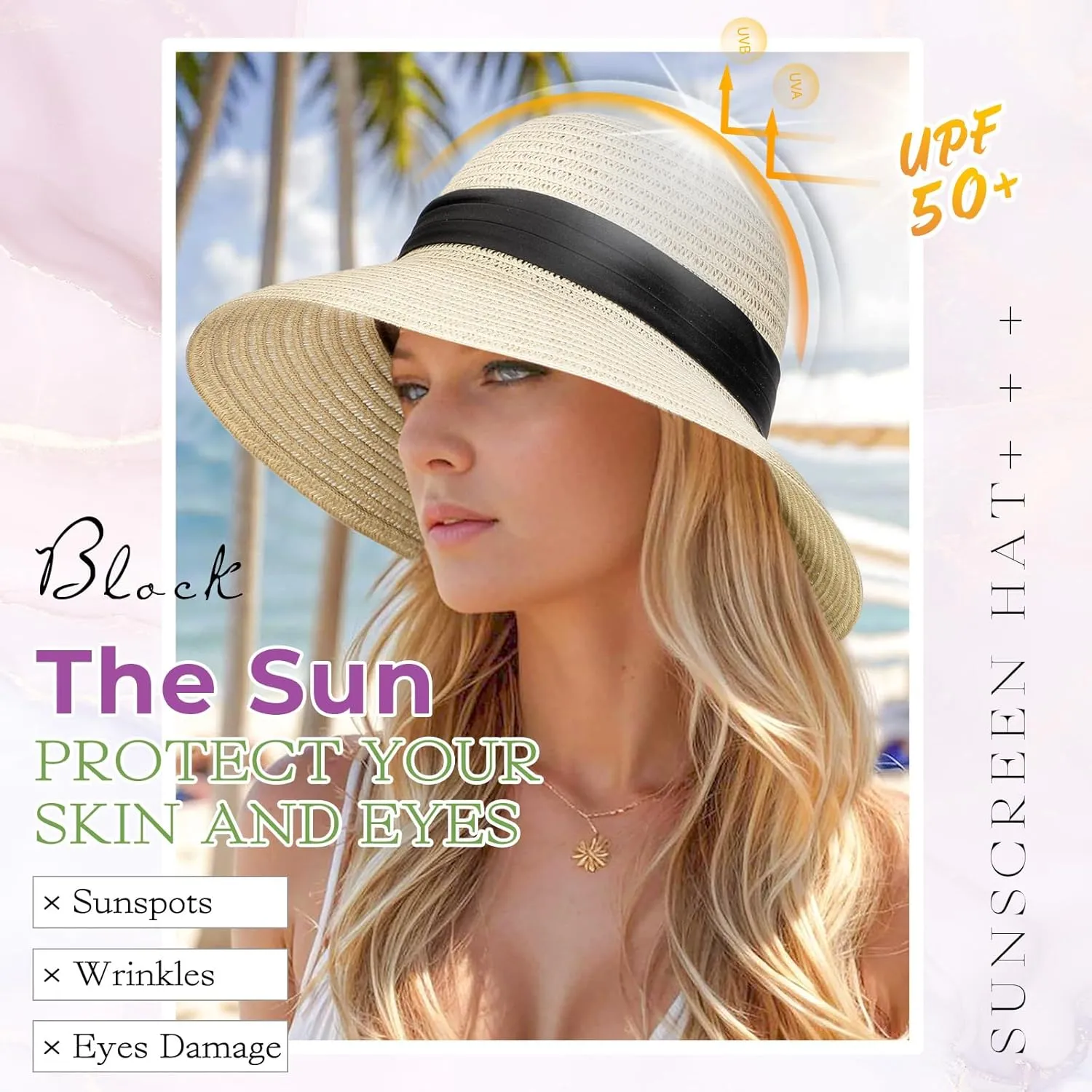 Sun Hat, Straw Hat Wig Detachable Adjustable Cap with 12 Inch Synthetic Wavy Hair Extensions Foldable for Women Summer Beach Outdoors Light Brown Mix Ash Blonde