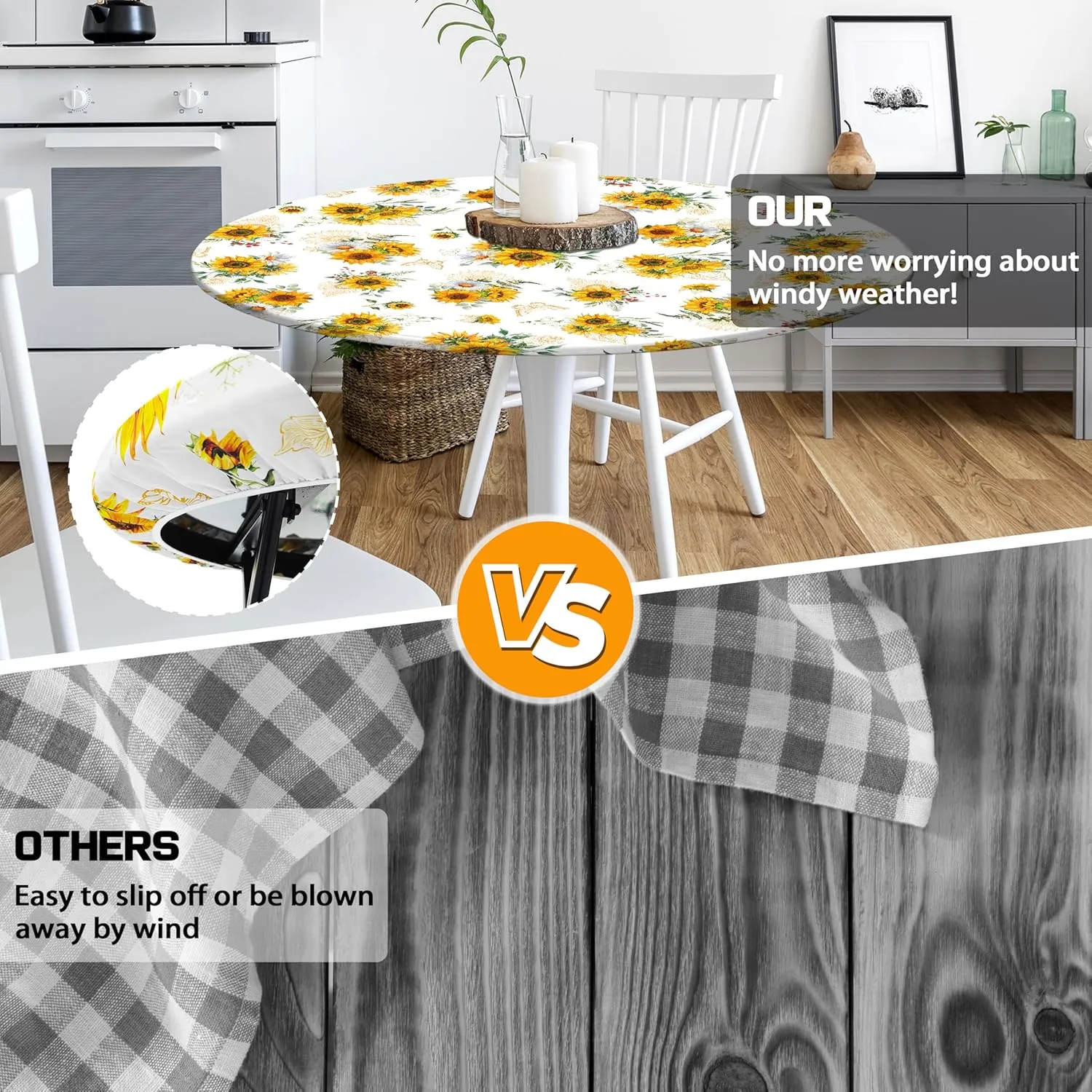 Sunflower Round Fitted Tablecloth with Elastic Edge Summer Floral Outdoor Tablecloth Waterproof Table Cover for Picnic Dinner Party Decor Fits 40-44" Diameter Round Tables