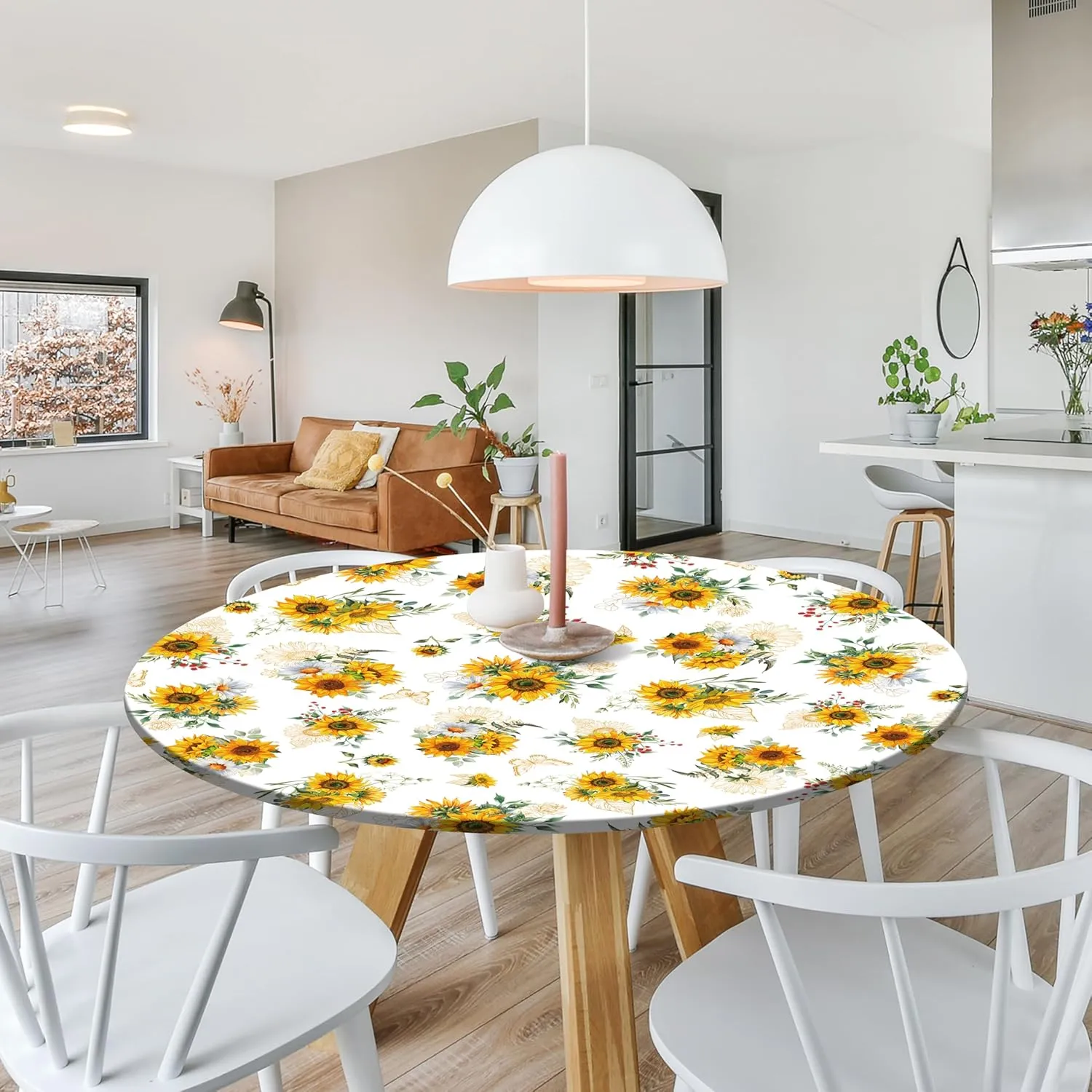 Sunflower Round Fitted Tablecloth with Elastic Edge Summer Floral Outdoor Tablecloth Waterproof Table Cover for Picnic Dinner Party Decor Fits 40-44" Diameter Round Tables