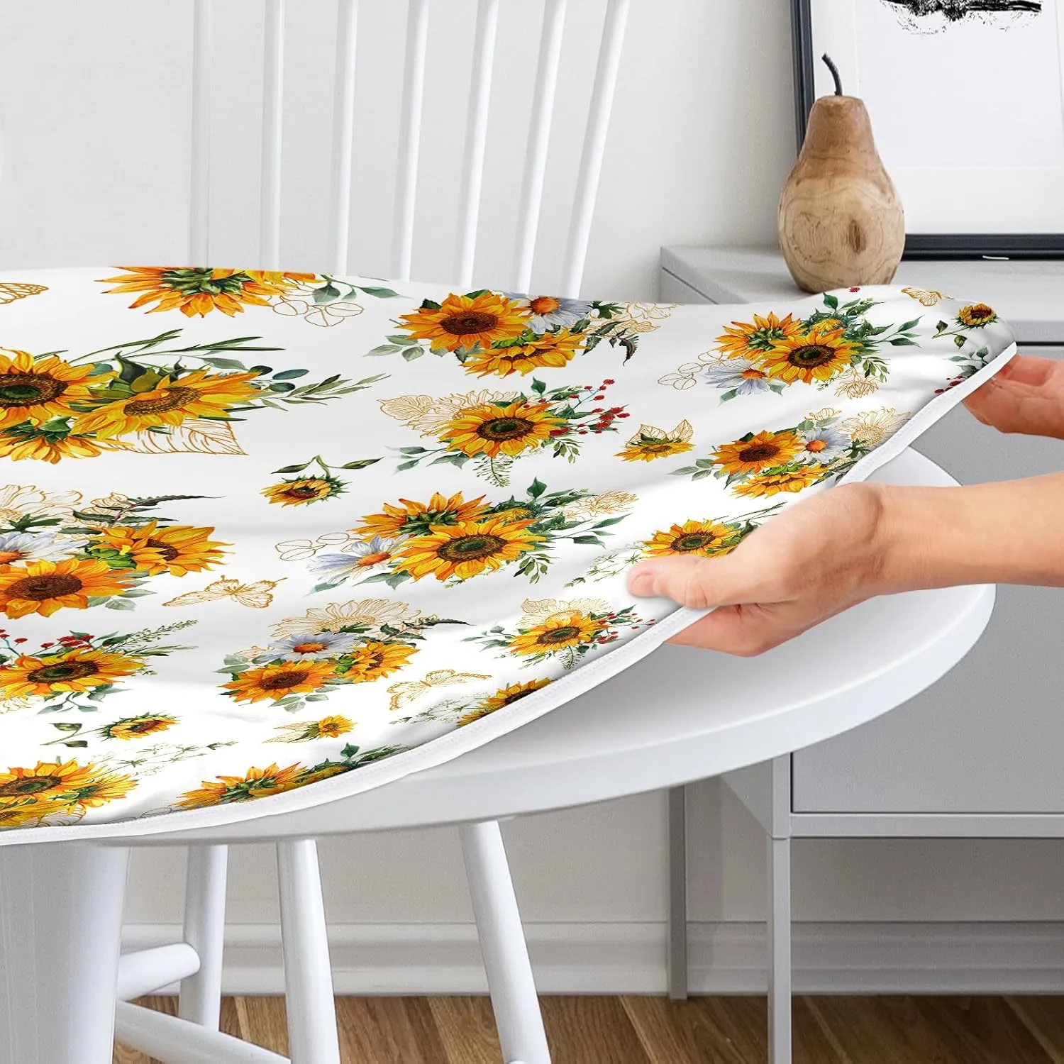 Sunflower Round Fitted Tablecloth with Elastic Edge Summer Floral Outdoor Tablecloth Waterproof Table Cover for Picnic Dinner Party Decor Fits 40-44" Diameter Round Tables