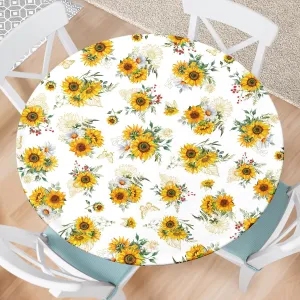Sunflower Round Fitted Tablecloth with Elastic Edge Summer Floral Outdoor Tablecloth Waterproof Table Cover for Picnic Dinner Party Decor Fits 40-44" Diameter Round Tables