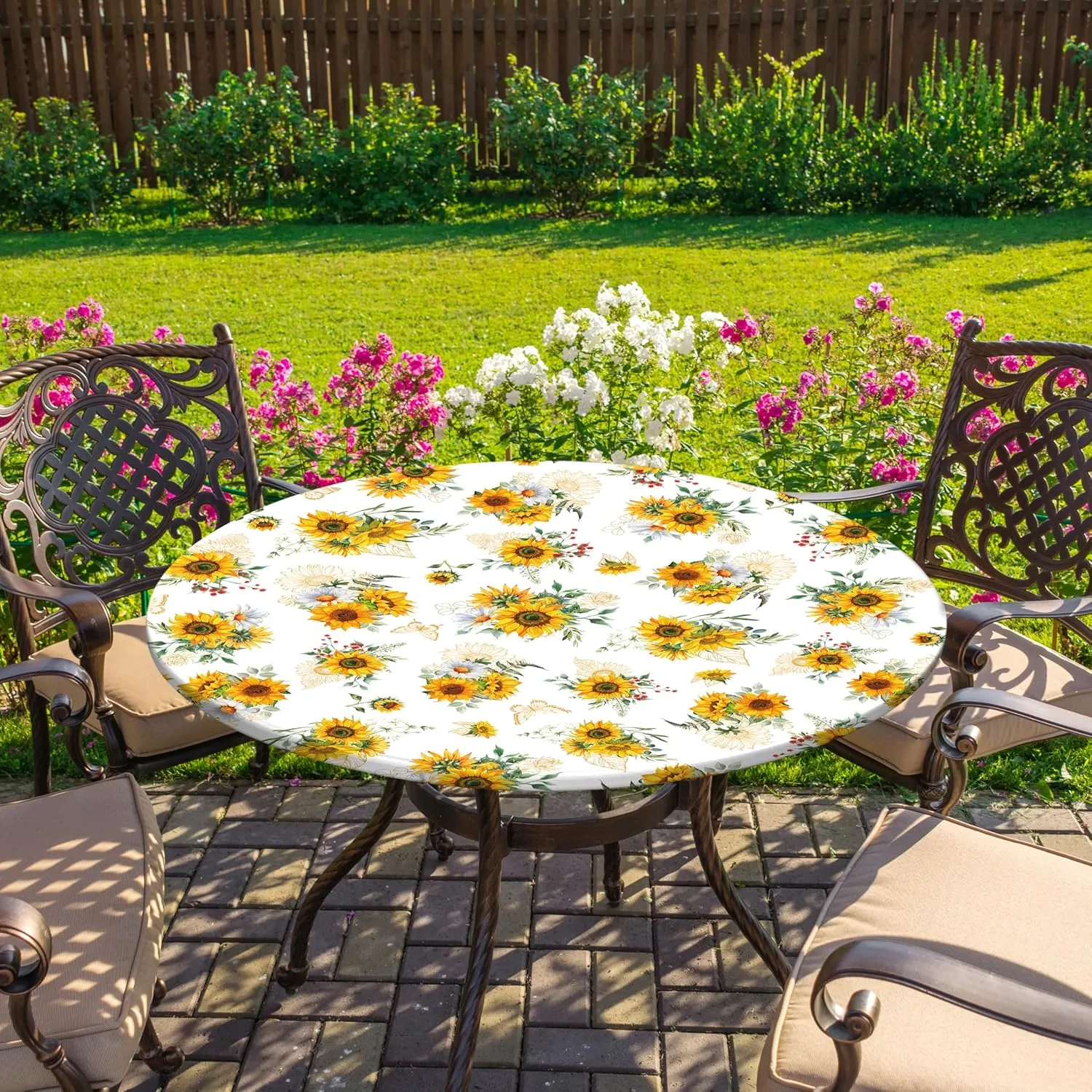 Sunflower Round Fitted Tablecloth with Elastic Edge Summer Floral Outdoor Tablecloth Waterproof Table Cover for Picnic Dinner Party Decor Fits 40-44" Diameter Round Tables