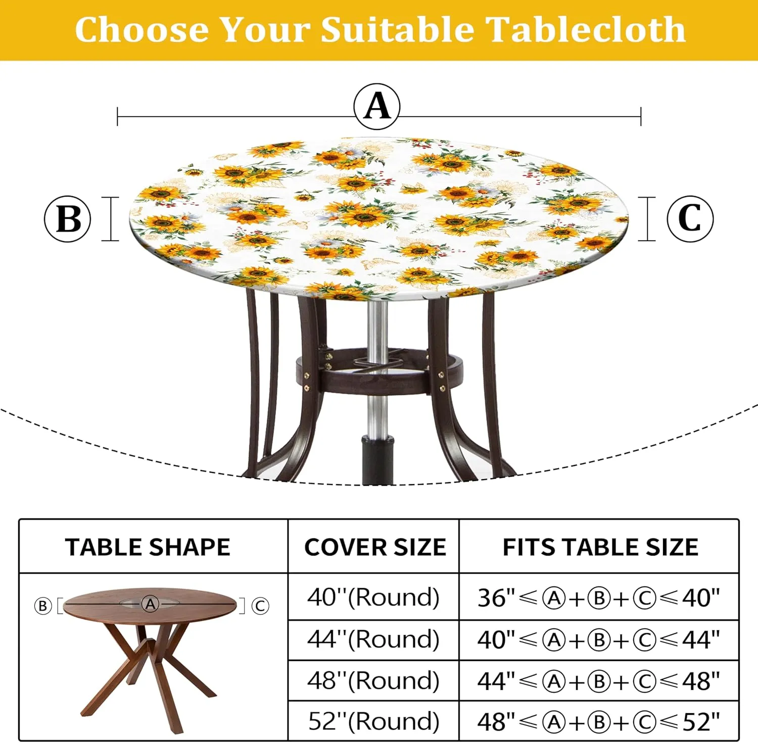 Sunflower Round Fitted Tablecloth with Elastic Edge Summer Floral Outdoor Tablecloth Waterproof Table Cover for Picnic Dinner Party Decor Fits 40-44" Diameter Round Tables