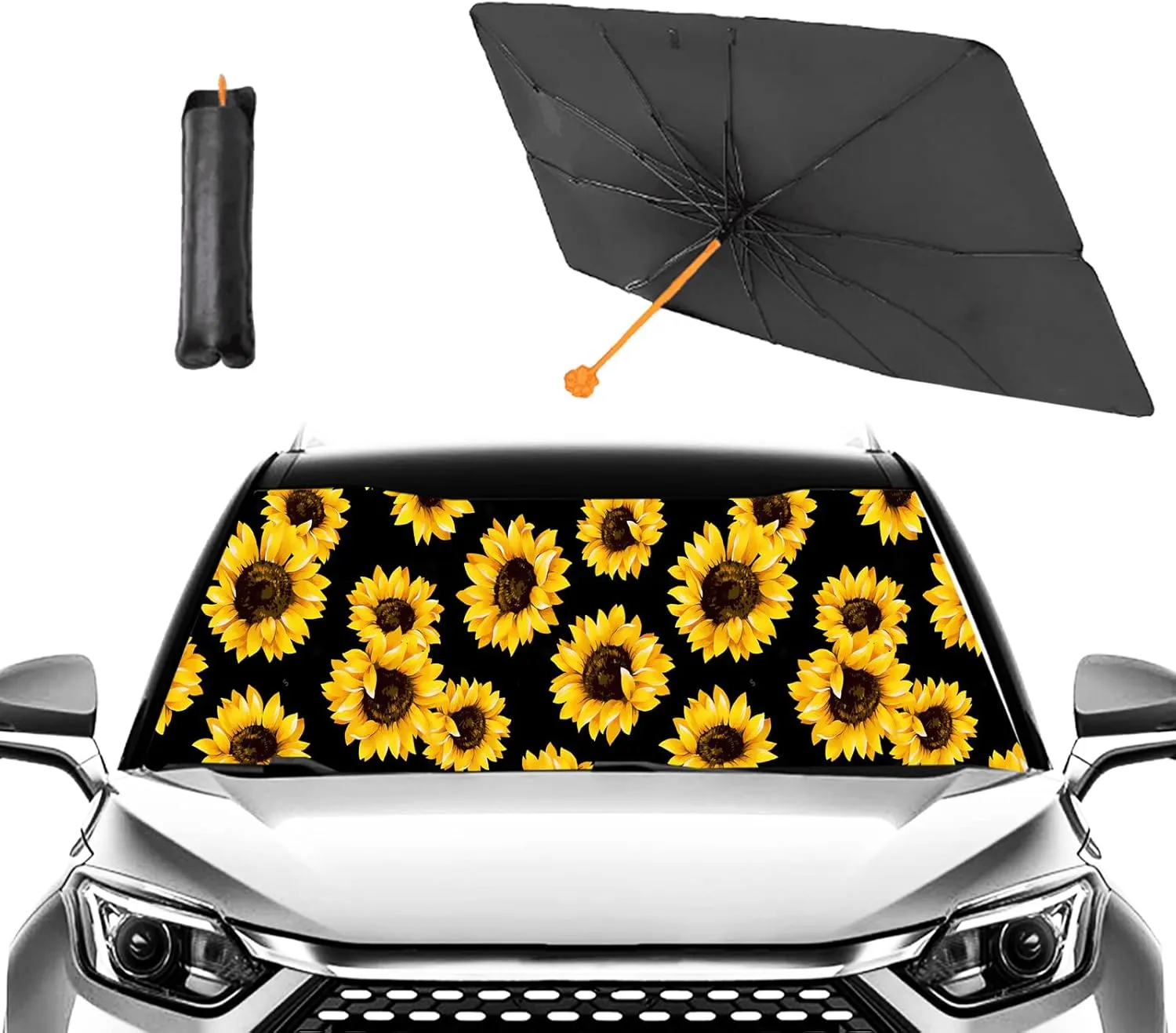 Sunflower Umbrella Sunshade for Car,Windshield Sun Shade Umbrella for Car SUV Trucks Front Window Block UV Rays Heat Keep Vehicle Cool,Foldable Umbrella Reflective Sunshade (57 x 31 in)