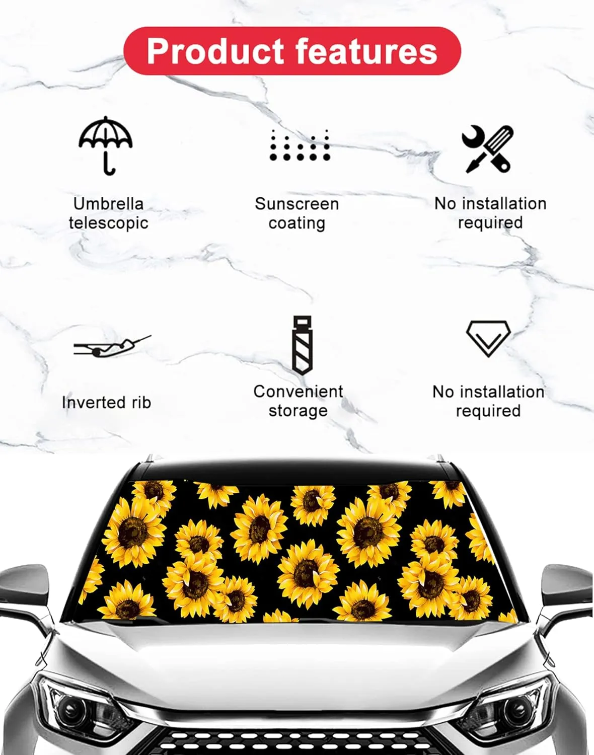Sunflower Umbrella Sunshade for Car,Windshield Sun Shade Umbrella for Car SUV Trucks Front Window Block UV Rays Heat Keep Vehicle Cool,Foldable Umbrella Reflective Sunshade (57 x 31 in)