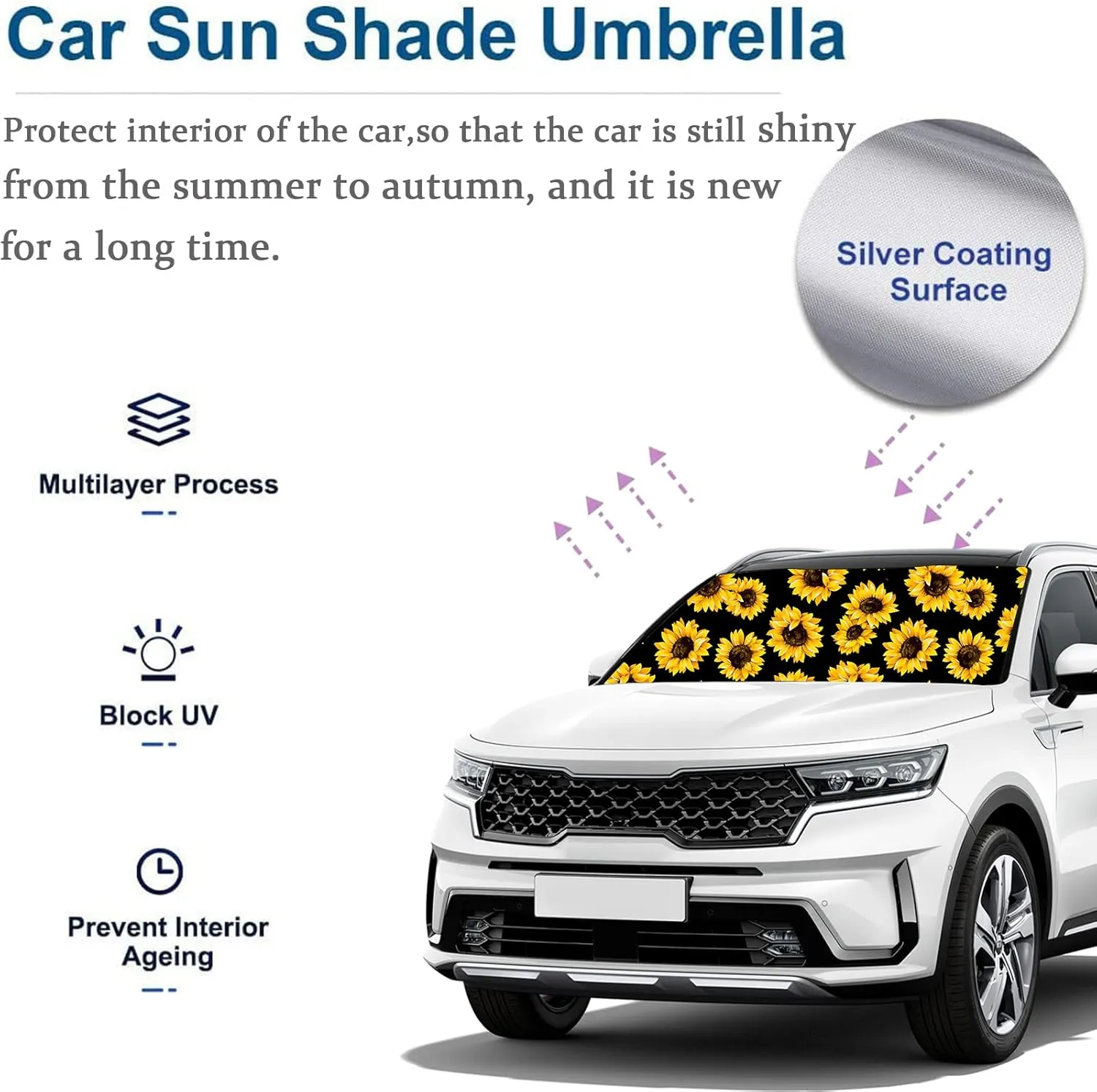 Sunflower Umbrella Sunshade for Car,Windshield Sun Shade Umbrella for Car SUV Trucks Front Window Block UV Rays Heat Keep Vehicle Cool,Foldable Umbrella Reflective Sunshade (57 x 31 in)