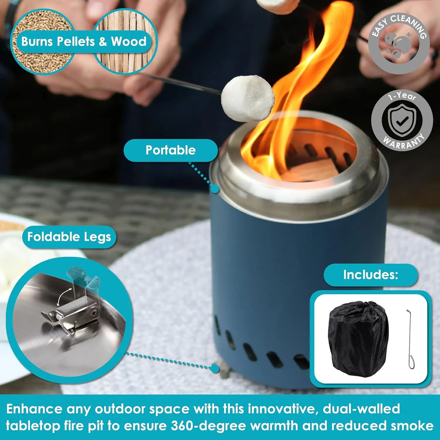 Sunnydaze Tabletop Smokeless Fire Pit with Foldable Legs, Storage Bag, and Poker - Pellet or Wood Burning Portable Fire Pit for Camping - 8-Inch H - Blue