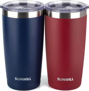 SUNWILL Travel Coffee Mug with Lid, 20 oz Tumbler Set of 2, Insulated Stainless Steel Cup for Water, Tea, Powder Coated Wine & Navy