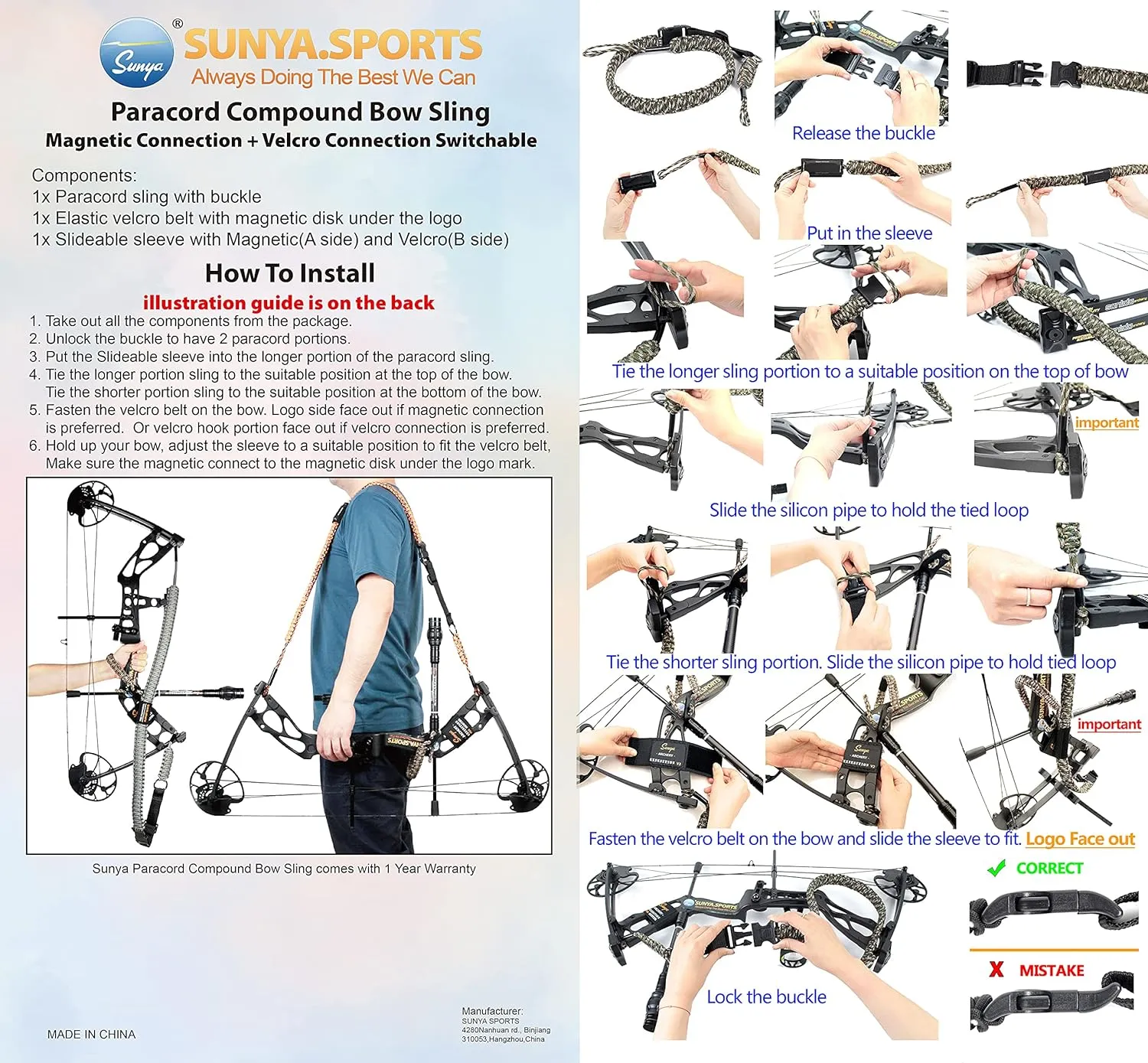SUNYA Paracord Compound Bow Sling with V2 Upgraded Magnetic Connection System. Lightweight Hands Free Shoulder Carrying Sling for Bow Hunting, Field Archery and 3D