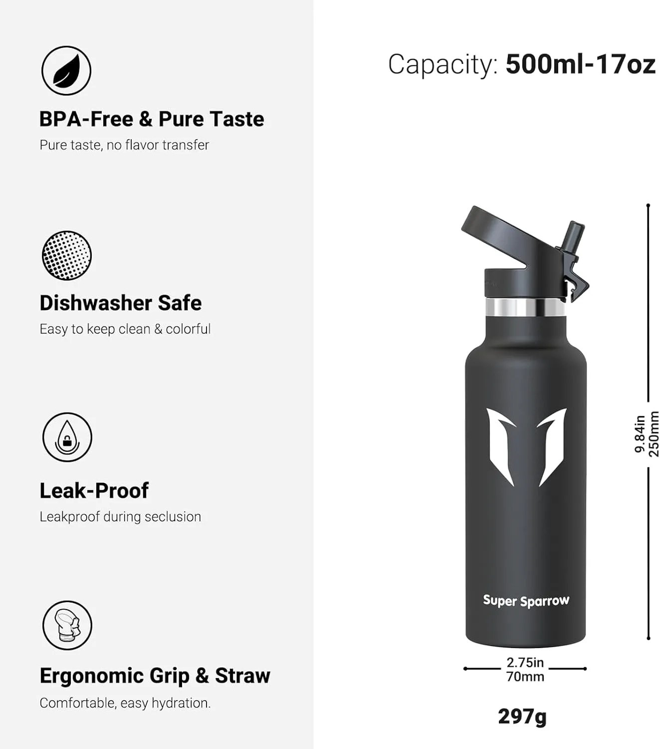 Super Sparrow Water Bottle Insulated - 17 Oz / 25 Oz / 32 Oz - Standard Mouth FlipFlow Flask - BPA Free, Leak Proof Drink Bottle- Ergonomic Straw Water Bottle for Work, Gym, Travel, Sports, Outdoor
