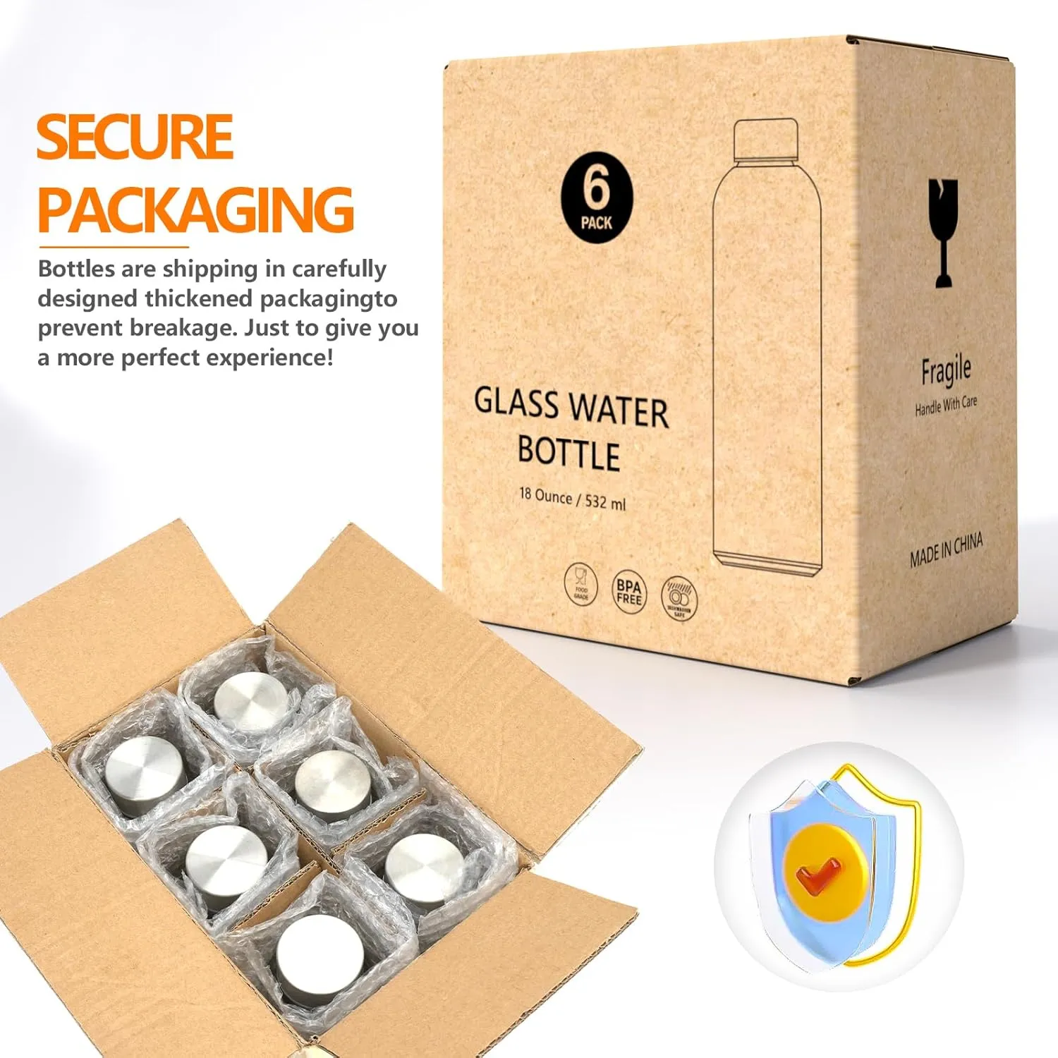 Sursip 18 oz Glass Water Bottle & Glass Juicing Bottle with Stainless Steel Lid - Reusable, BPA Free, Leak-Proof (24-Pack)
