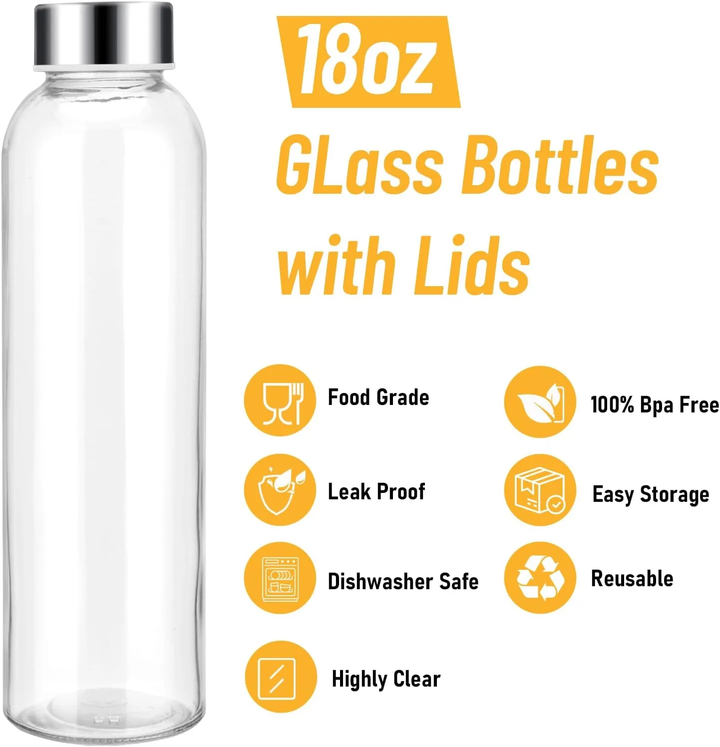 Sursip 18 oz Glass Water Bottle & Glass Juicing Bottle with Stainless Steel Lid - Reusable, BPA Free, Leak-Proof (24-Pack)